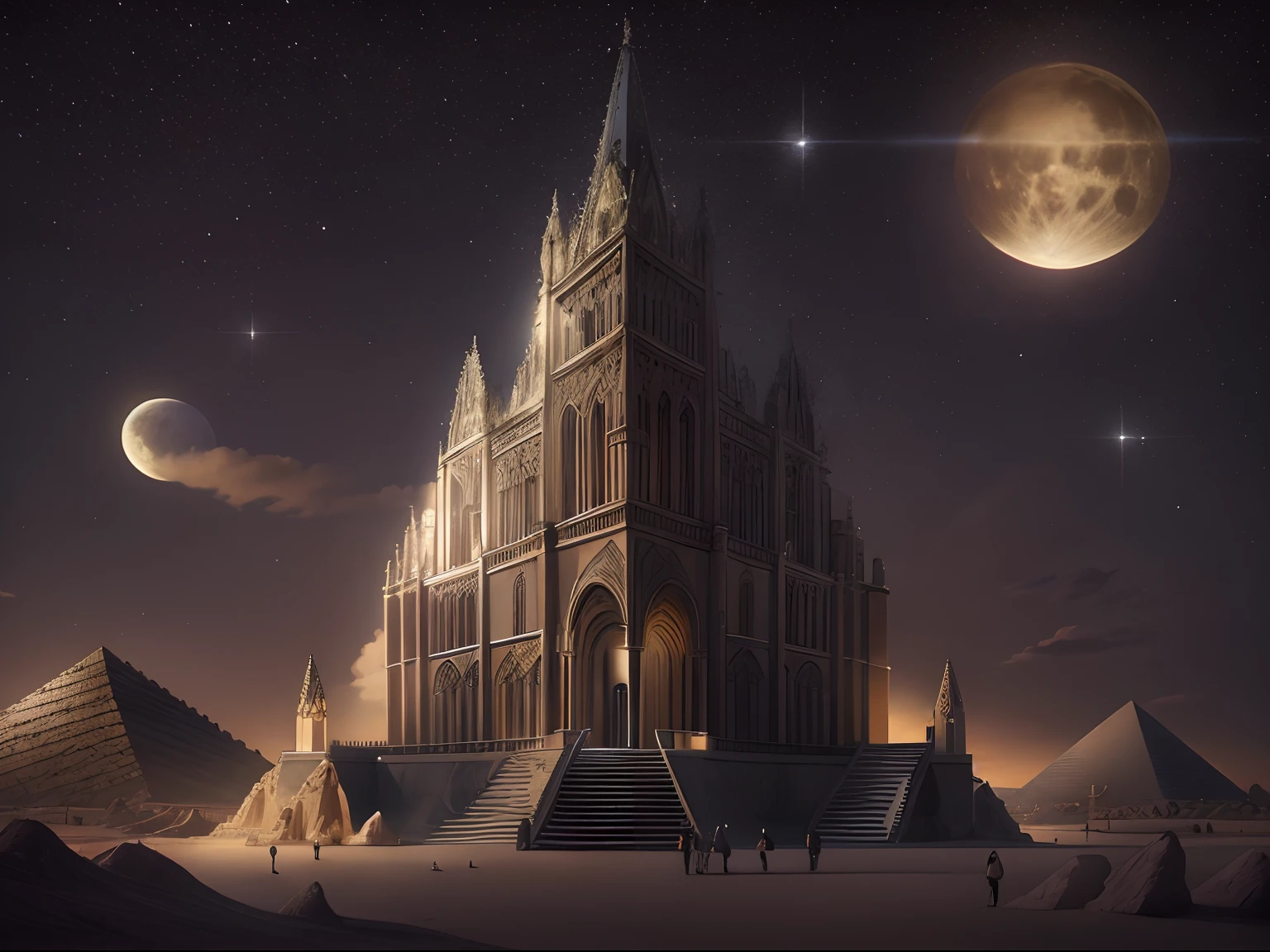 (Mysterious temple in the desert in the dark:1.5)(Inspired by York Minster,sankta)
Monument Valley style, Geometric architecture, Louvre, gold, Complex building structures, Clear structure,
Background with:Desert at night,(themoon:1.1),(Clouds and stars:1.1),author:Peter Bonsol,public space,the sideview, Hyperrealistic, Masterpiece, high resolution, Extremely detailed, Best quality
