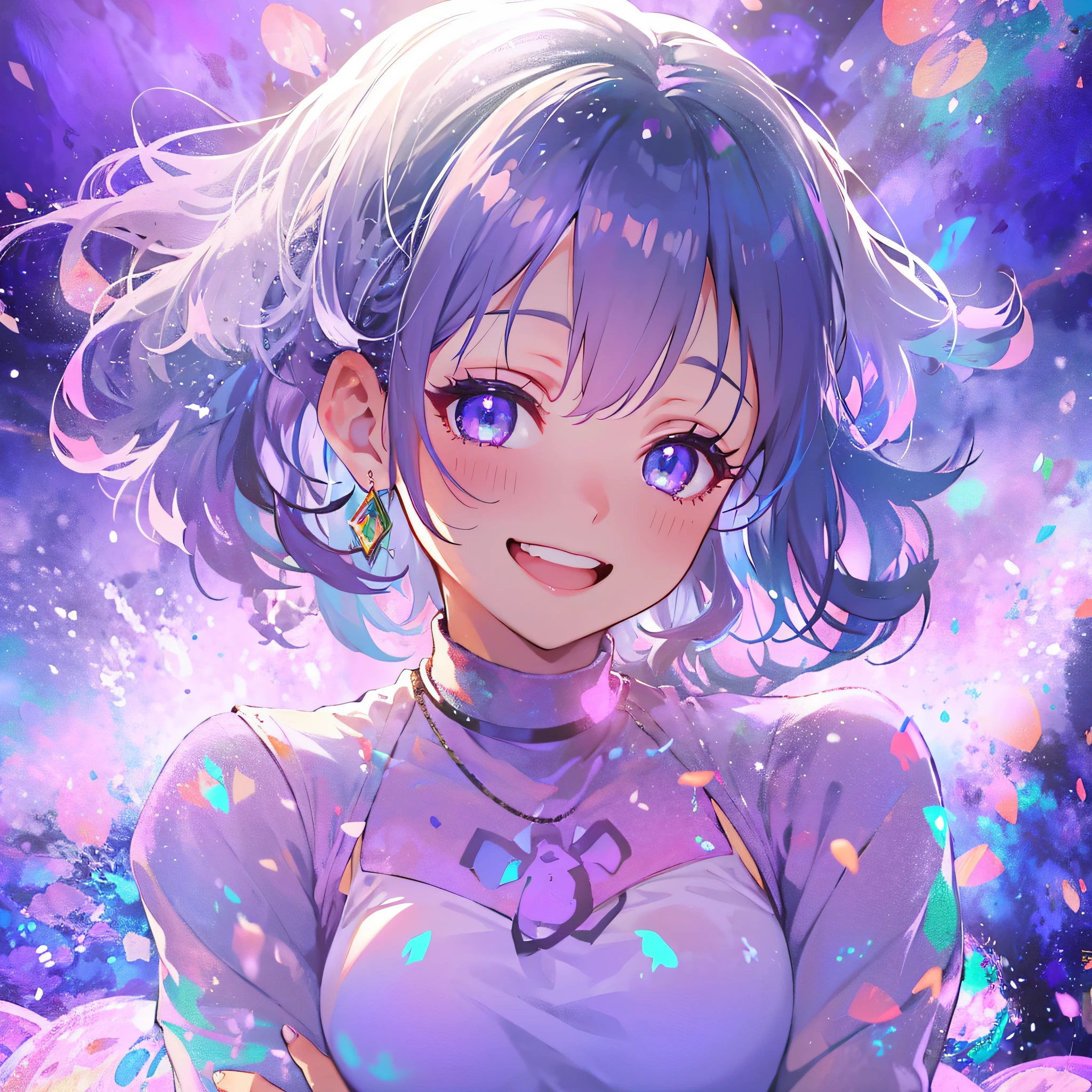 (masutepiece:1.3), (Best Quality:1.3), High resolution, Couboy Shot, I'm on the street with my arms outstretched and a big smile on my face.、Spread your arms、Hair color is purple、Eight-headed body、Short hair、bobhair、Blue Mesh、blacklight、Vivid sea、Clear、Iridescent Sea、huge smile、Spectacular background、 Eyes are purple, Miraculous Eye、Beautiful detailed eyes, ultradetailed eyes、Glitter eyes,Put the most effort into the brilliance of your eyes、, (One Cute Girl:1.3), , Hair over one eye, Small breasts, Dress, Dress like a wacky fashion model、White pantyhose、Wearing a rainbow-colored aura from the whole body、purpleish color, Outdoors, Purple background, Shadow lighting、perfectbody