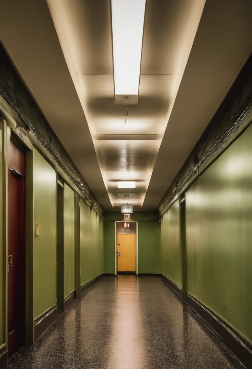 empty corridors of the company's former headquarters, with closed office doors and an atmosphere of abandonment
