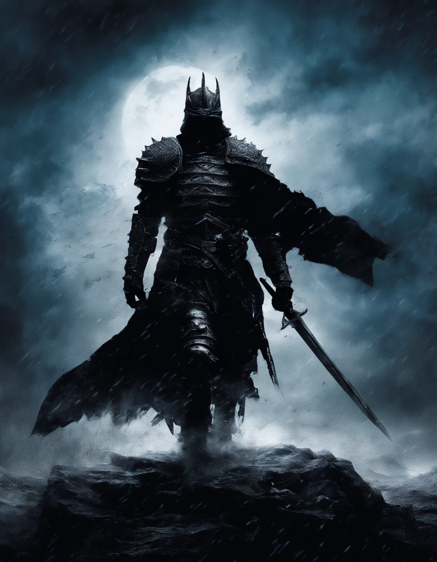 (best quality,highres,masterpiece:1.2),impressionistic painting,scary knight warrior,detailed,snow,cosmic ashes,(sinister,dark:0.9),artistic,complex,blurred edges,vivid colors,dynamic brushstrokes,dramatic contrast,ominous atmosphere,mystical,moonlit night,harsh shadows,snowflakes,striking composition,ethereal,mysterious knight,revealing only silhouette,exquisite details of armor and sword,subtle reflections,layered textures,galactic dust,haunting presence,eerie ambiance,chaotic energy,frightening aura,otherworldly,vibrant blue hues,ominous clouds,hint of danger,imposing figure,winter landscape,wandering in desolation,alone in the vastness,heroic yet haunting.