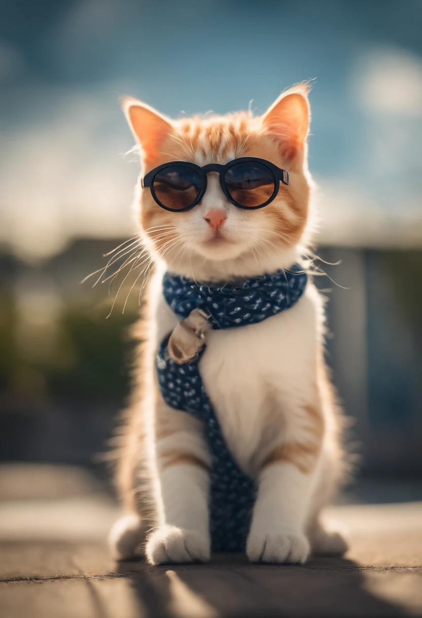 Perfect centering, a cute little cat, Wear trainers, Wearing sunglasses, cheerfulness, Standing position, Abstract beauty, Centered, Looking at the camera, Facing the camera, Approaching perfection, Dynamic, Highly detailed, sleeoing, Sharp Focus,