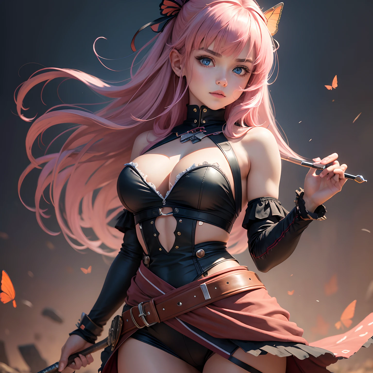 8k, masterpiece, best quality, realistic, higly detailed, cowboy shot, 1girl, solo, Nino, cute, cold-looking girl, waist-length straight hair, square bangs hanging over eyebrows, reddish-pink hair, twin butterfly-shaped ribbons on both sides of head, dark blue eyes, average height, well-endowed figure, large breasts, fashionable girl, various cute accessories, takes care of nails, Ninja