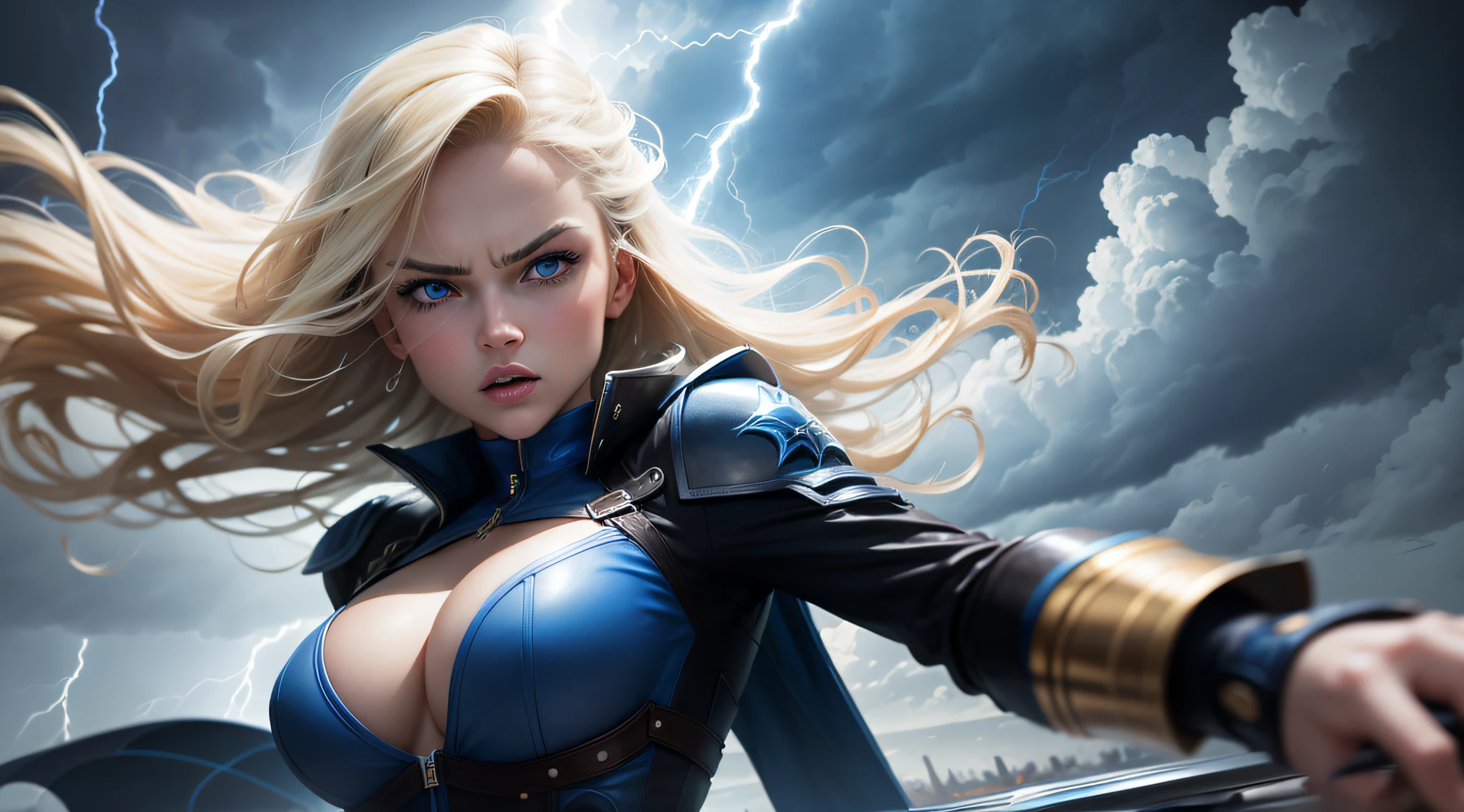 1 fille russe au long cheveux blond, yeux bleu magnifique, combinaison cuir bleu futuriste, angry, flying through the air with stormy skies and powerful blue lightning behind her, ultra realist