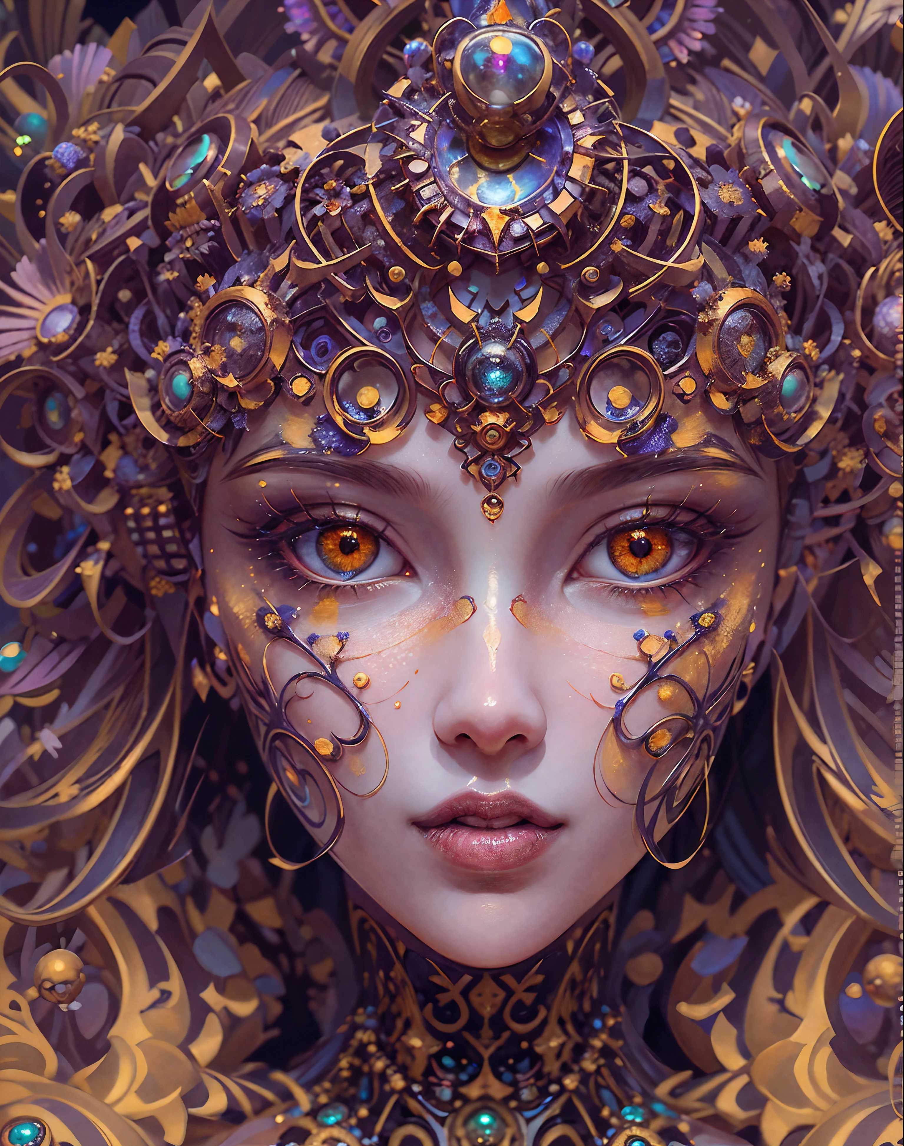 (best qualtiy,ultra - detailed,Most Best Illustration,Best shadow,tmasterpiece,A high resolution,professionalartwork,famousartwork),Detailed eyes,beautidful eyes,closeup cleavage,sci-fy,colored sclera,Orange Eye color, Robot eyes,face markings,Tattooed with,(fractalized,Fractal eyes),largeeyes,Wide eyes,(Eye focus),sface focus,Cosmic eyes,Space eyes,Close-up of metal sculpture of a woman with a moon in her hair,goddes。extremly high detail,3 d goddess portrait,Extremely detailed footage of the goddess,a stunning portrait of a goddess,Side image of the goddess,portrait of a beautiful goddess,Full body close-up portrait of the goddess,hecate goddess,portrait of a norse moon goddess,goddess of space and time,