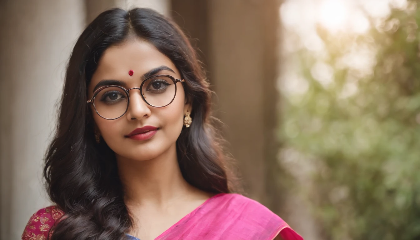 22 year old Indian short 5ft ,short girl, wearing round specs, wavy long black dense hair , pink saree,looking at the camera,cute,smart, realistic,8k,hyper realistic beauty, beautiful woman, full body photoshoot