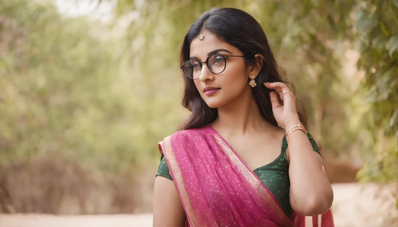 22 year old Indian short 5ft ,short girl, wearing round specs, wavy long black dense hair , pink saree,looking at the camera,cute,smart, realistic,8k,hyper realistic beauty, beautiful woman, full body photoshoot