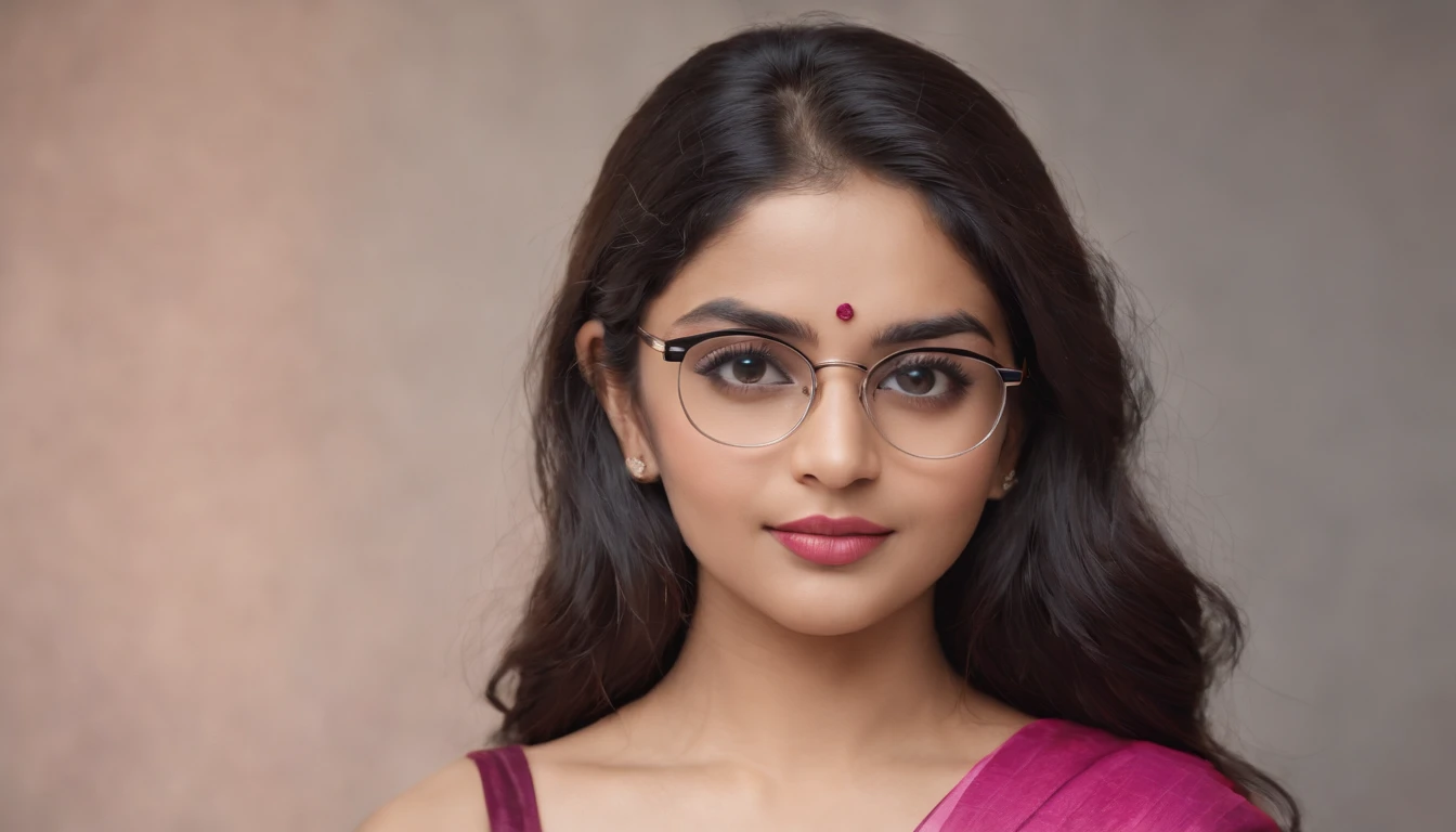 22 year old Indian short 5ft ,short girl, wearing round specs, wavy long black dense hair , pink saree,looking at the camera,cute,smart, realistic,8k,hyper realistic beauty, beautiful woman, full body photoshoot