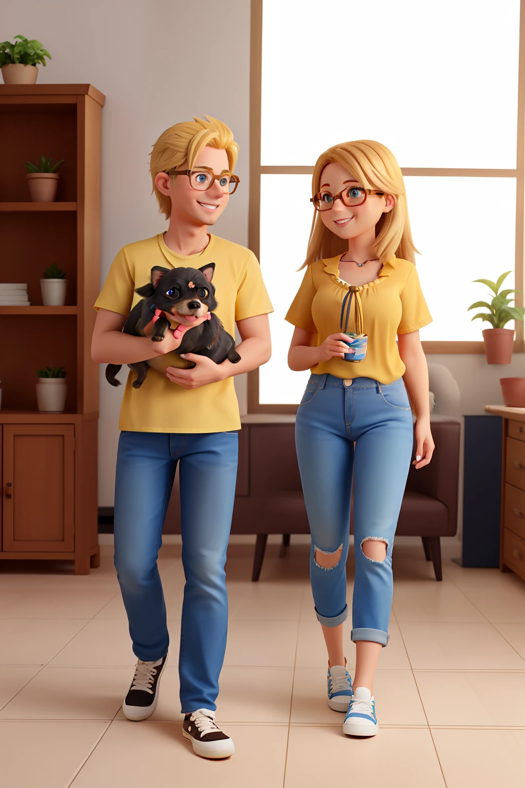 A COUPLE SMILING {{FULL BODY}}, the man with messy blonde hair, blue eyes, short-sleeved blouse with yellow tones, glasses, jeans, nike air max, the woman with straight brown medium length hair, brown eyes, short-sleeved blouse with horizontal white and blue lines, jeans, black converse, the woman holds a 14 month old blonde baby, the man holds a long-haired black chihuahua, natural lighting, BACKGROUND, cinematic concept art, clear focus, unreal engine, HIGH QUALITY, zoom out, golden ratio, isometric, 3D rendering