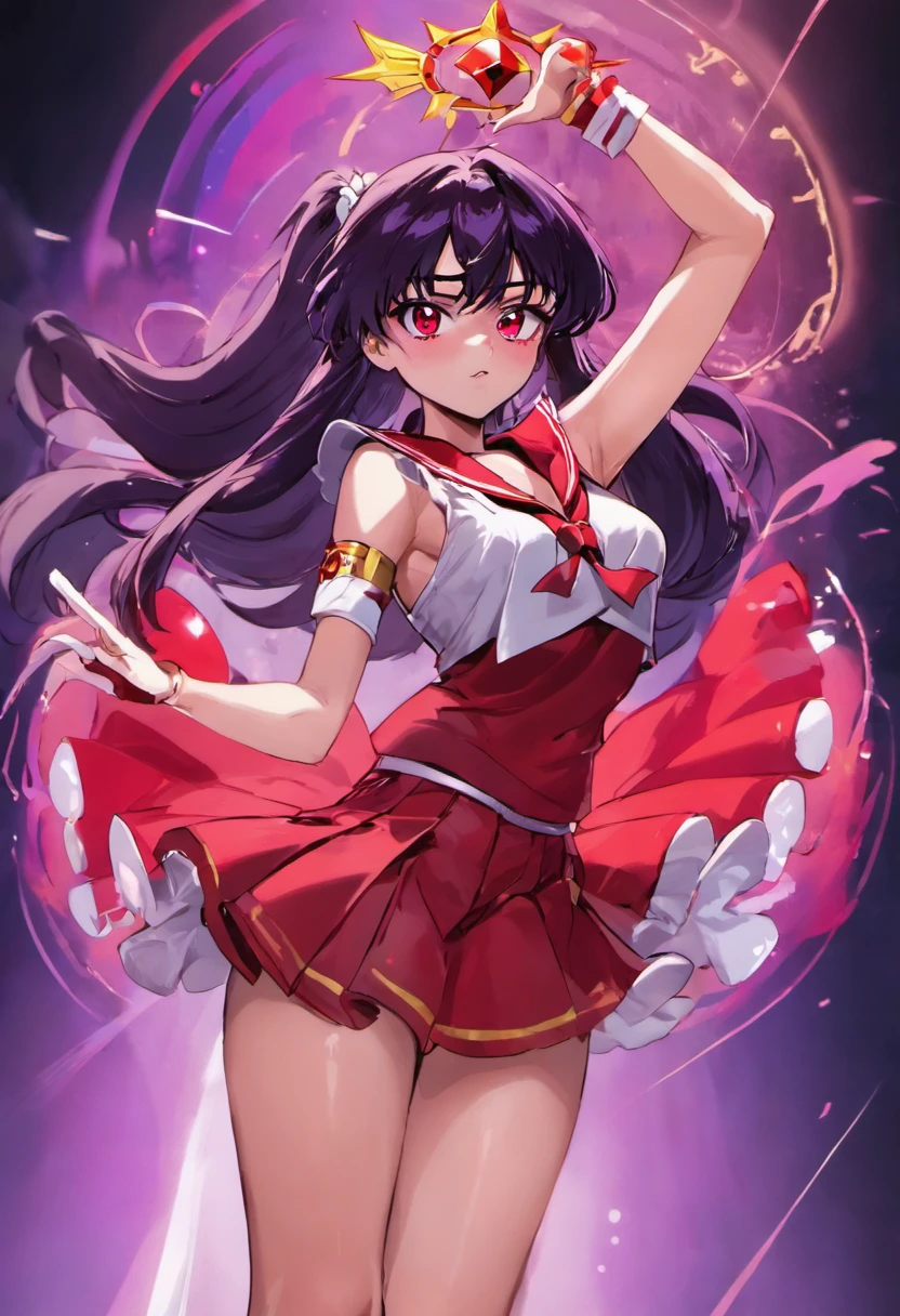 masterpiece, best quality, 1girl, sama1, (tiara), star choker, elbow cyber gloves, (pleated skirt:1.1), bare legs, purple bow, red cyber suit, futurist, neon, heroic pose, mars background, black long hair, looking at viewer (dynamic pose), smiling, flying, hand with fire, (glowing eyes:1.18)