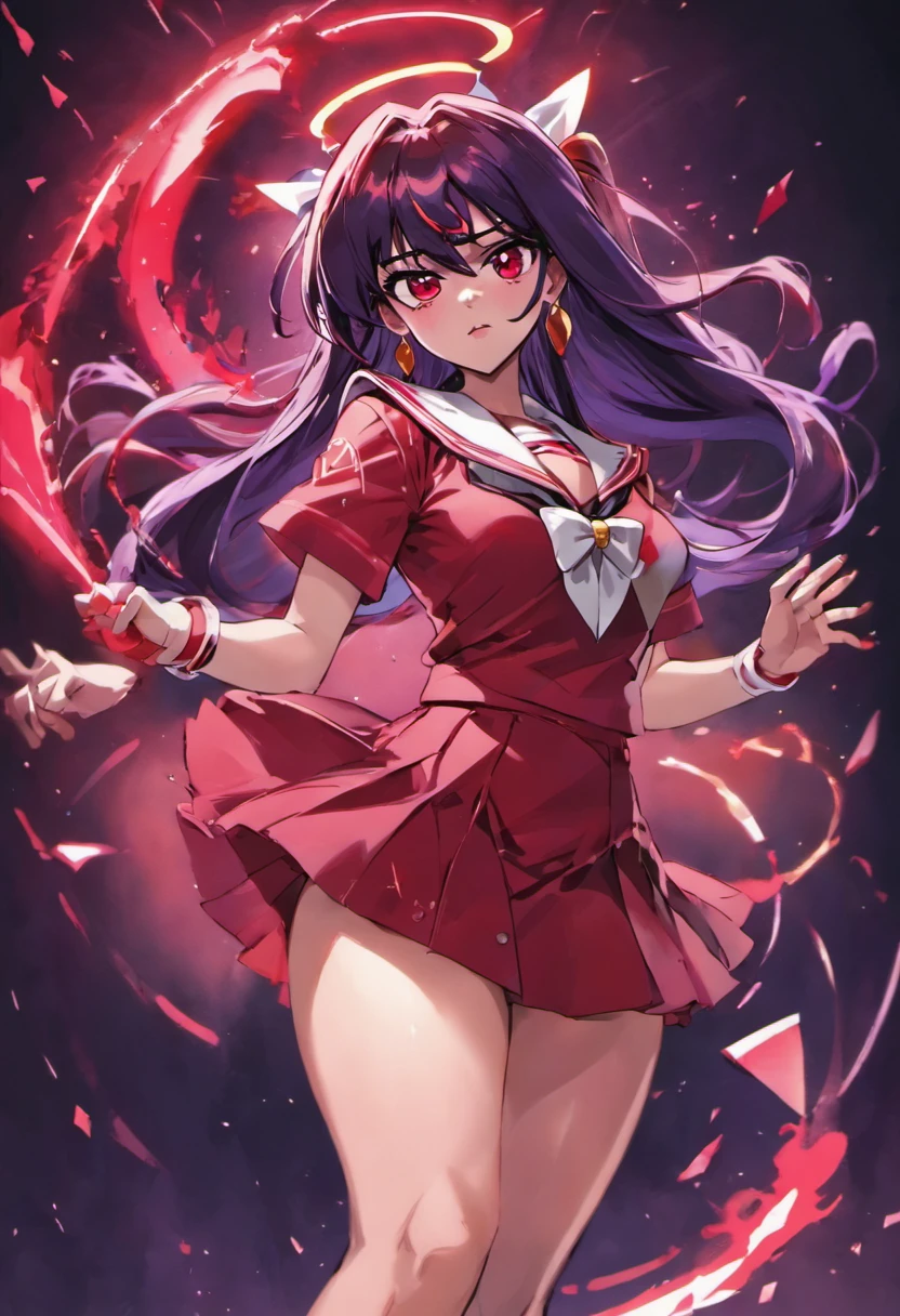 Sailor Mars anime alta qualidade ; com longos cabelos pretos, por debaixo dele ela usa uma tira dourada com uma pedra vermelha dentro ao centro da tiara, par de brincos de cor vermelha, red collar around the neck, Sailor's uniform in standard colors in red, White and purple and on her feet she wears two high heels in red.
