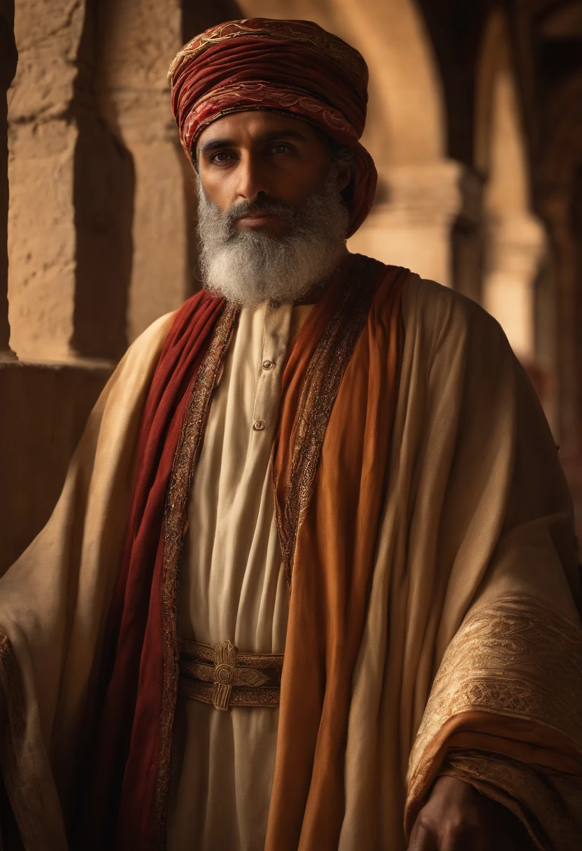 "Por favor, create a hyper-realistic photographic image that depicts the moment when people consulted Zechariah . Na cena, Zacarias, dressed in Muslim costumes from the time of the Roman Empire and with his hair covered, is unable to speak. Ele opta por escrever a resposta EM UMA MESA, indicando: 'His Name Is John'. O semblante em seu rosto transmite felicidade e alegria ao revelar o nome . As pessoas ao seu redor, also dressed in Muslim clothing of the time, show expressions of curiosity and contentment. The photography is extremely realistic, with specular illumination, volumetric facial light and visible shadows, destacando detalhes intrincados. The image is elaborate and hyper-realistic, capturing the cultural richness of the time and the excitement of the moment, Based on the biblical narrative."