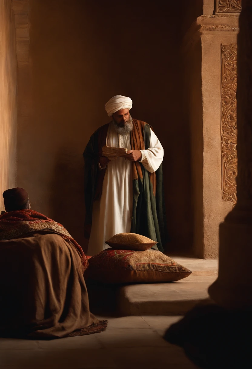 "Por favor, create a hyper-realistic photographic image that depicts the moment when people consulted Zechariah . Na cena, Zacarias, dressed in Muslim costumes from the time of the Roman Empire and with his hair covered, is unable to speak. Ele opta por escrever a resposta EM UMA MESA, indicando: 'His Name Is John'. O semblante em seu rosto transmite felicidade e alegria ao revelar o nome . As pessoas ao seu redor, also dressed in Muslim clothing of the time, show expressions of curiosity and contentment. The photography is extremely realistic, with specular illumination, volumetric facial light and visible shadows, destacando detalhes intrincados. The image is elaborate and hyper-realistic, capturing the cultural richness of the time and the excitement of the moment, Based on the biblical narrative."