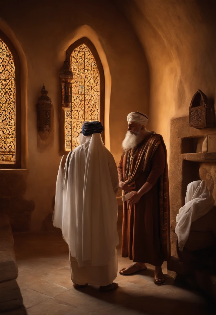 "Por favor, create a hyper-realistic photographic image that depicts the moment when people consulted Zechariah . Na cena, Zacarias, dressed in Muslim costumes from the time of the Roman Empire and with his hair covered, is unable to speak. Ele opta por escrever a resposta EM UMA MESA, indicando: 'His Name Is John'. O semblante em seu rosto transmite felicidade e alegria ao revelar o nome . As pessoas ao seu redor, also dressed in Muslim clothing of the time, show expressions of curiosity and contentment. The photography is extremely realistic, with specular illumination, volumetric facial light and visible shadows, destacando detalhes intrincados. The image is elaborate and hyper-realistic, capturing the cultural richness of the time and the excitement of the moment, Based on the biblical narrative."