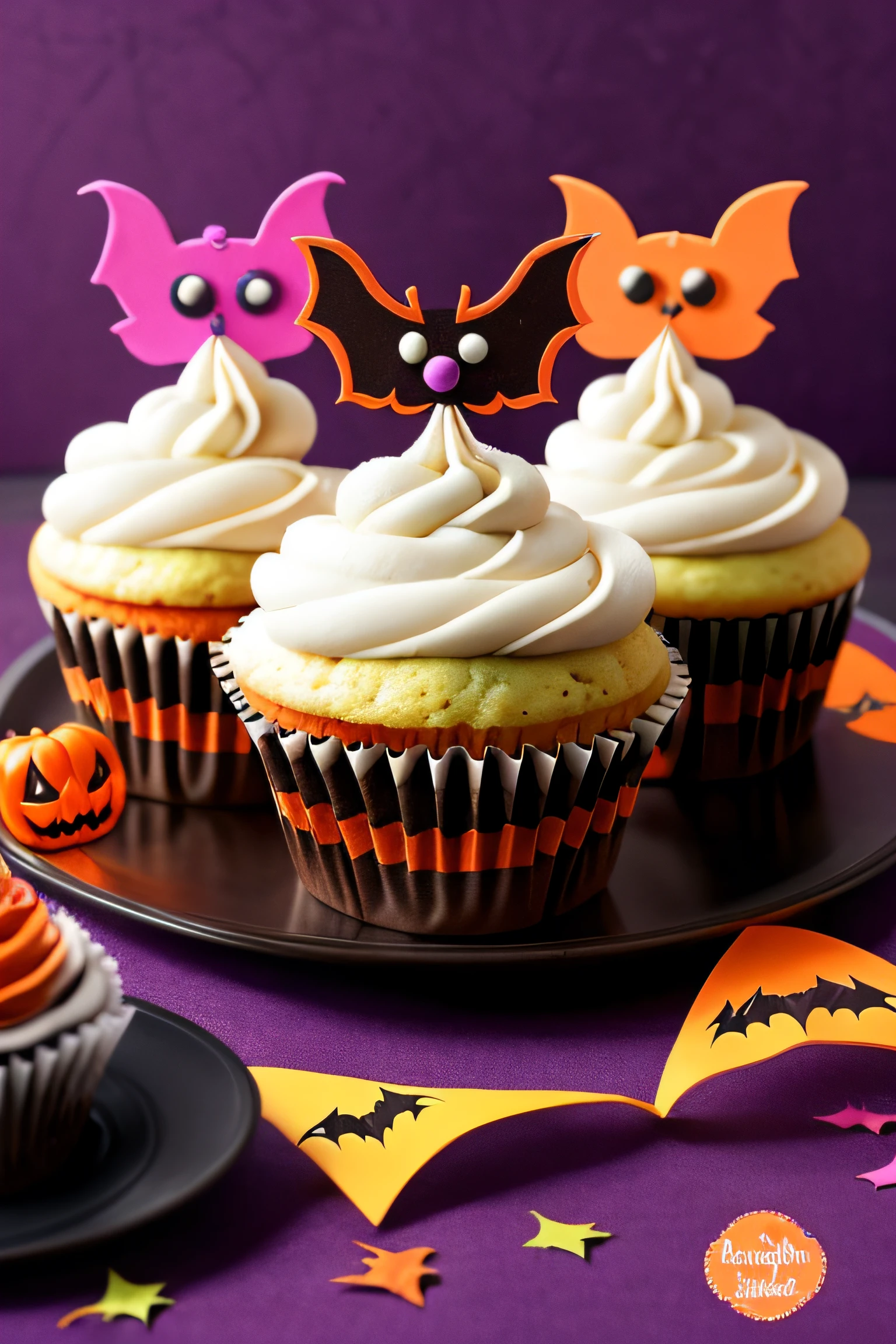 Create a picture with three Halloween themed cupcakes decorated with colorful icing and spooky decorations like sugar eyes and bats. On each cupcake, place an empty space in the middle to write a text.