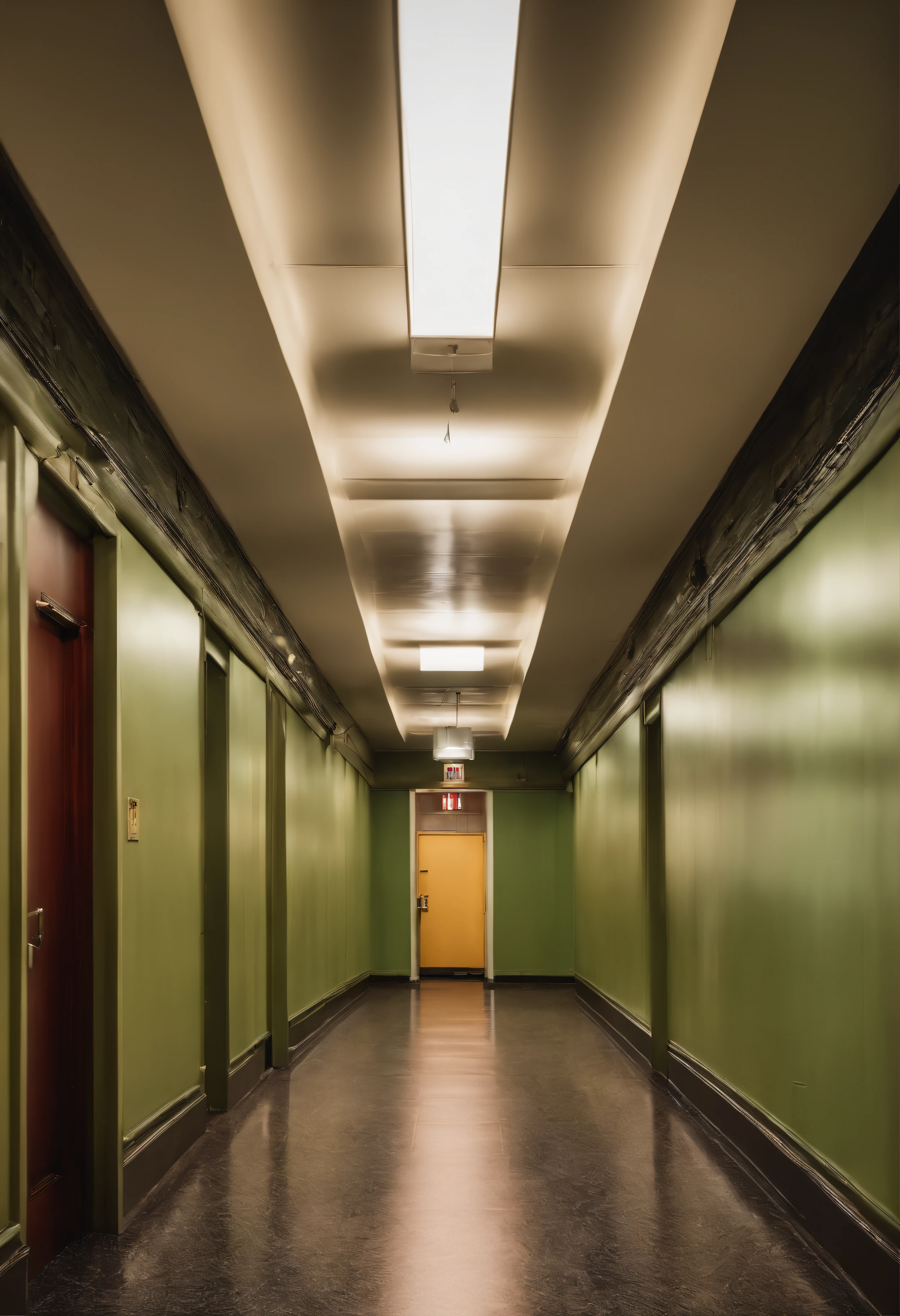empty corridors of the company's former headquarters, with closed office doors and an atmosphere of abandonment