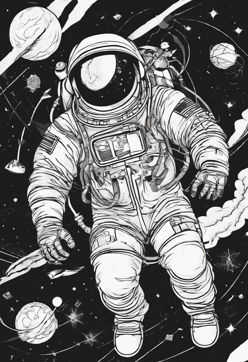 a dynamic tattoo-style drawing, an astronaut in motion and trying to hold pieces of a shattered heart, a huge and anatomically correct heart, weightlessness, space
