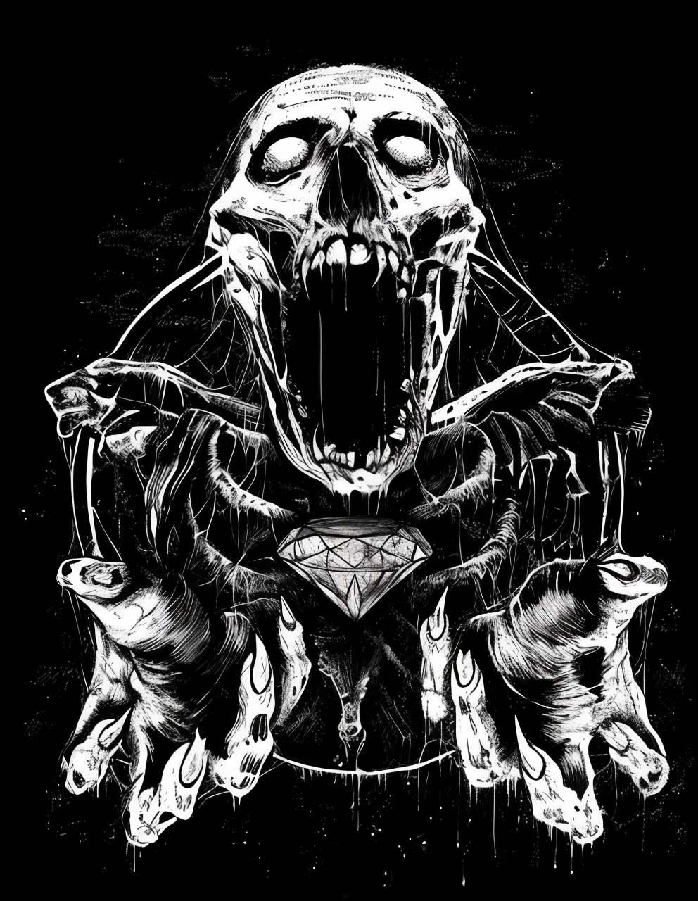 um desenho preto e branco de um esqueleto segurando uma corda, arte escura altamente detalhada, Marcos Riddick, arte de terror elegante, Arte digital escura, mas detalhada, skull design for a rock band, just art for dark metal music, design de tshirt de metal pesado, arte macabra, arte macabra de stanat cavado, horror!! altamente detalhado, arte de terror 4k detalhada, horror illustration