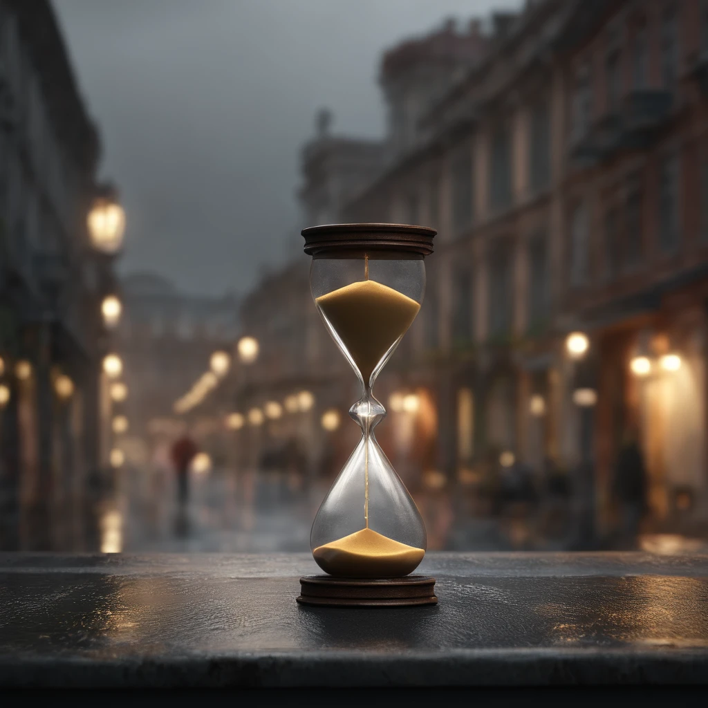 There's an hourglass on a rainy street with a city in the background, time is running out, time does not exist anymore, Realistic. octan render, daily render, preso dentro de uma ampulheta, A passagem do tempo, o tempo se arrastando por muito tempo, photorealistic cinematic render, A passagem do tempo, preso no fluxo do tempo