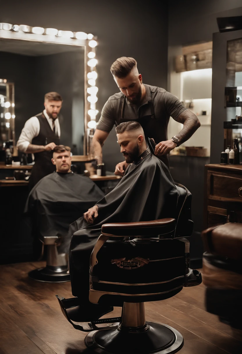 Depict a detailed scene of a talented barber cutting a client's hair in gradient style. Explore the ambiance of the barbershop, the precise movements of the barber and the expression of satisfaction on the client's face while the gradient haircut is being performed.