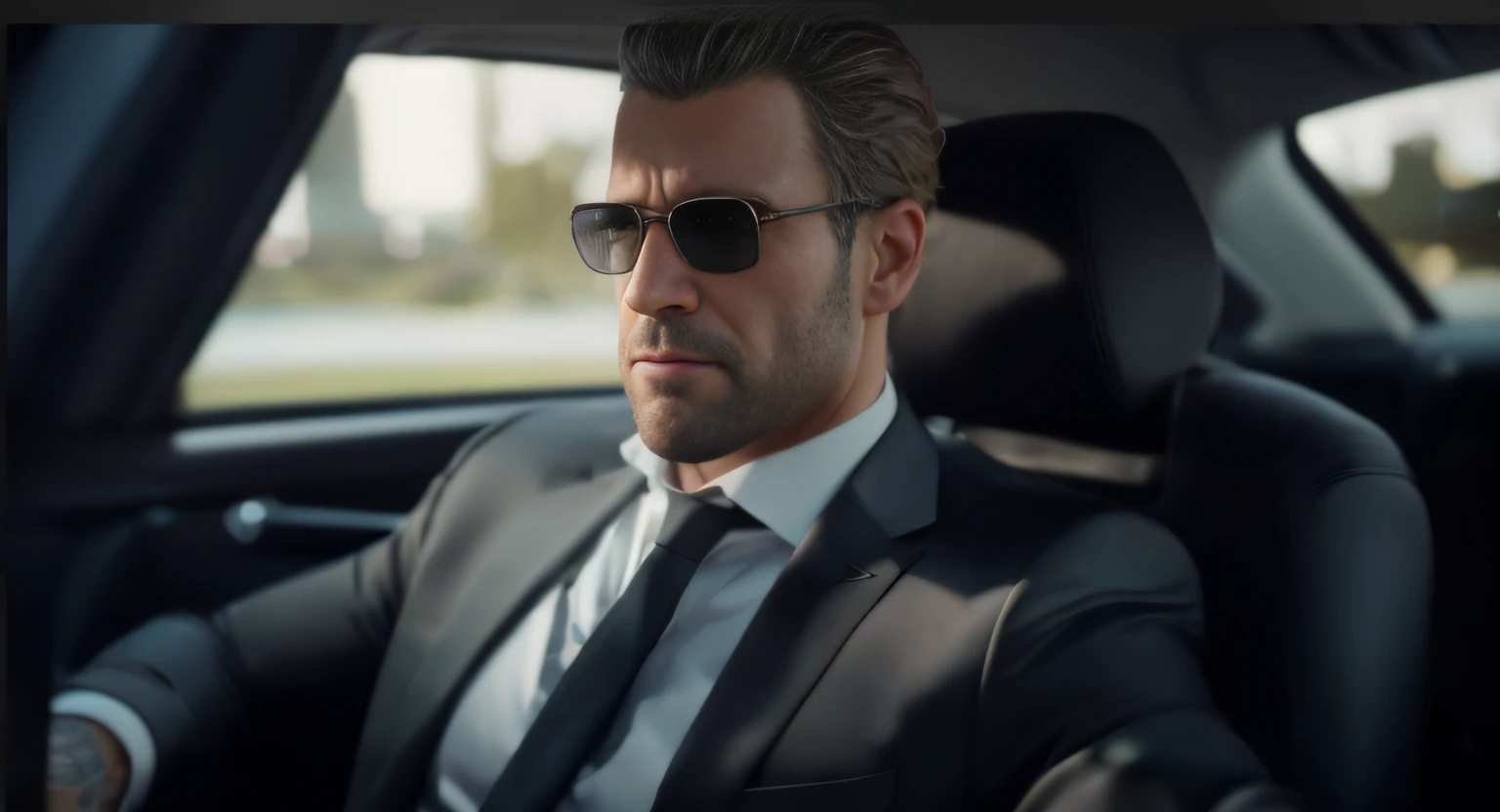 Homem de terno e gravata sentado em um carro, Retrato VFX altamente detalhado, homem bonito, Crisp cinematic octane, Cinematic realistic portrait, homem de cabelos grisalhos escuros, ps5 cinematic screen capture, elegant cinematic pose, Streamer do Twitch / Jogador Ludwig, Como o protagonista de GTA 5, epic and elegant portrait, retrato de alta qualidade, octane highly detailed cinematic