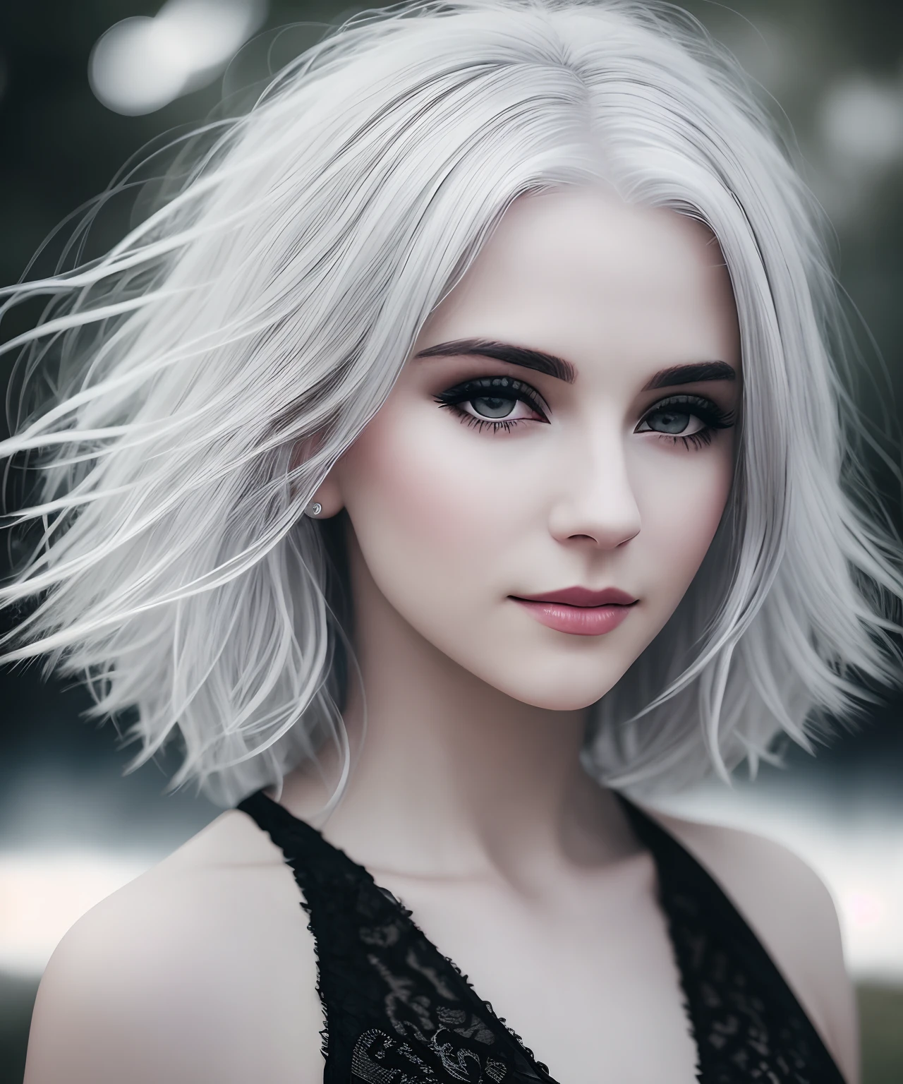 a woman with white hair and in a white dress posing for a photo, a girl with silver hair, white beautiful hair, a gray-haired lady, a girl with gray hair, with gray hair, white hair color, perfect gray hair girl, a girl with silver hair, white hair, white dress!! gray hair, gray hair, gray hair, deep white hair, silver white hair, curly white hair, atmospheric perspective, bokeh, 85mm, cinematic lighting, motion blur, depth of field, cinematic lighting, motion blur, sparkle, Gothic art , Realism, depth of field, cinematic lighting, 8k, anatomically correct, textured skin, super detail, masterpiece, anatomically correct, textured skin, award winning, 8k