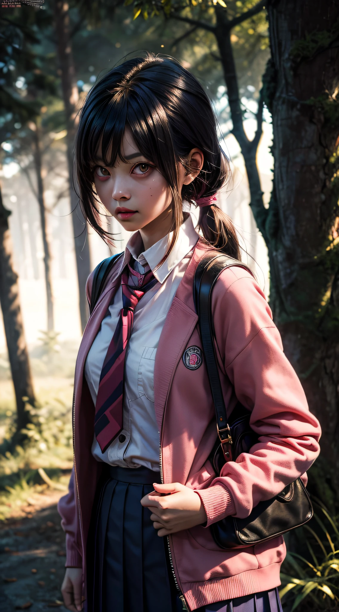 creepy momo girl, pink school uniform, pink color-theme, lost in dark wood, at night, glowing eyes, Extremely detailed eyes