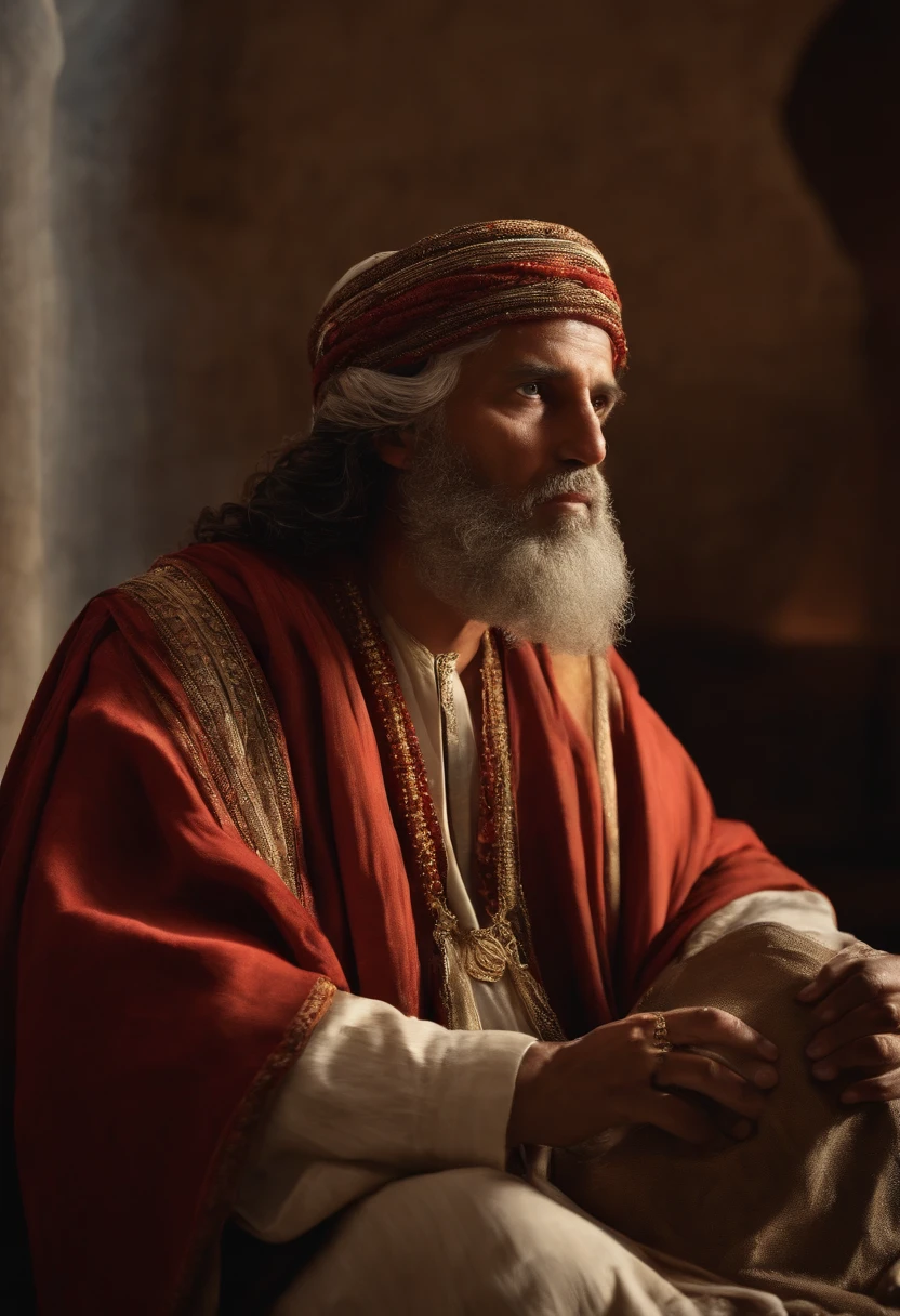 "Por favor, create a hyper-realistic photographic image that depicts the moment when Zechariah, filled with the Holy Spirit and dressed in Muslim garb from the time of the Roman Empire, recuperou a capacidade de falar. Na cena, he is communicating to the people that Jesus Christ is about to be born and that John will play the role of preparing the people for His arrival. Zacarias, com cabelos cobertos e um semblante de felicidade, Is speaking with conviction and emotion. As pessoas ao seu redor, also dressed in Muslim clothing of the time, show expressions of surprise, Reverence and Joy. The photography is extremely realistic, with specular illumination, volumetric facial light and visible shadows, enfatizando detalhes intrincados. The image is elaborate and hyper-realistic, capturing the cultural richness of the time and the spiritual significance of the moment, Based on the biblical narrative."