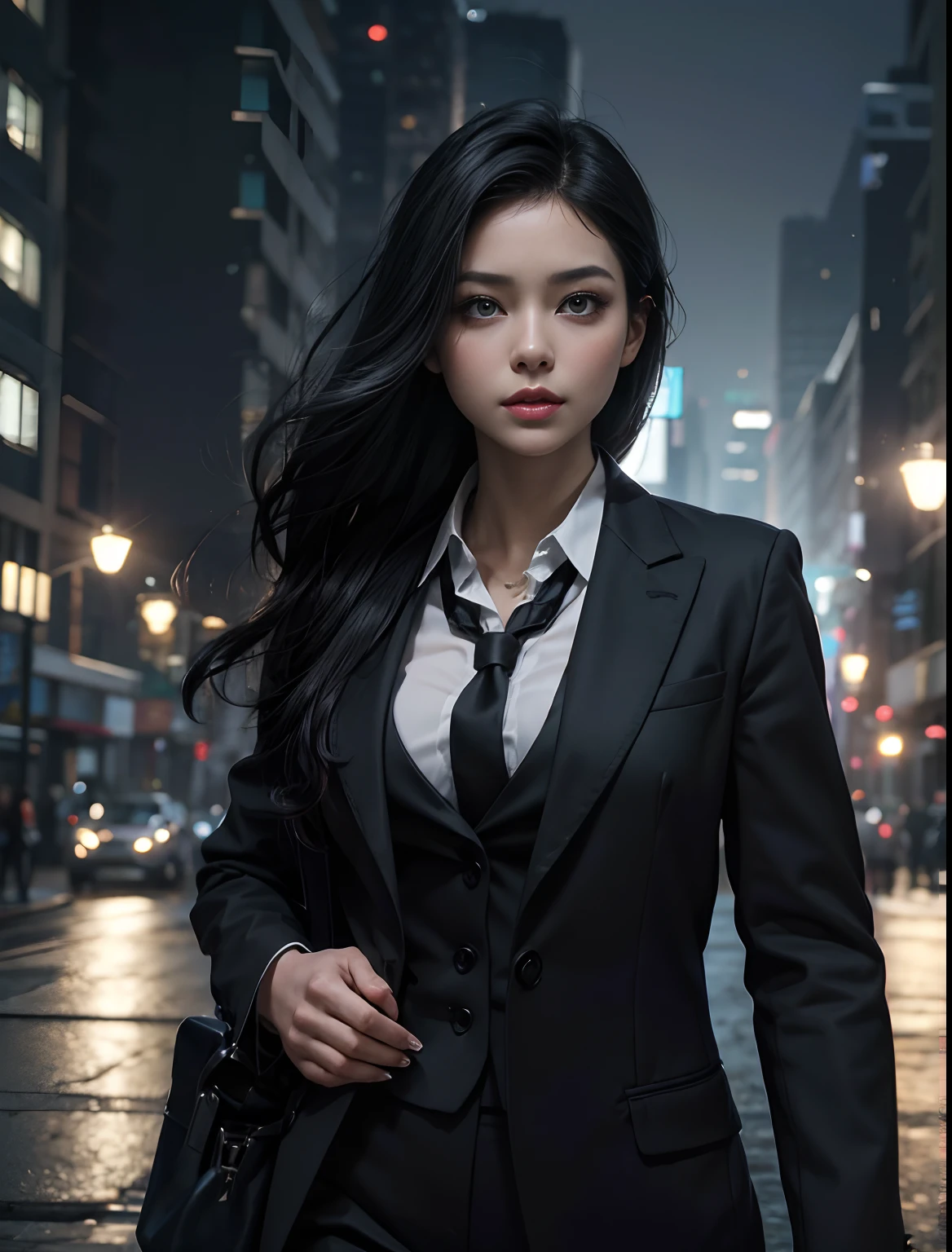 One Beautiful Woman。25 years old。Details of face。Beautiful double eyes。lofty nose。A well-shaped、plump lips。de pele branca。Transparent skin。A dark-haired。She wears a black business suit。She stands in the city at night。Unpopular、There is an eerie fog in the air.。Masterpiece。８K image quality。