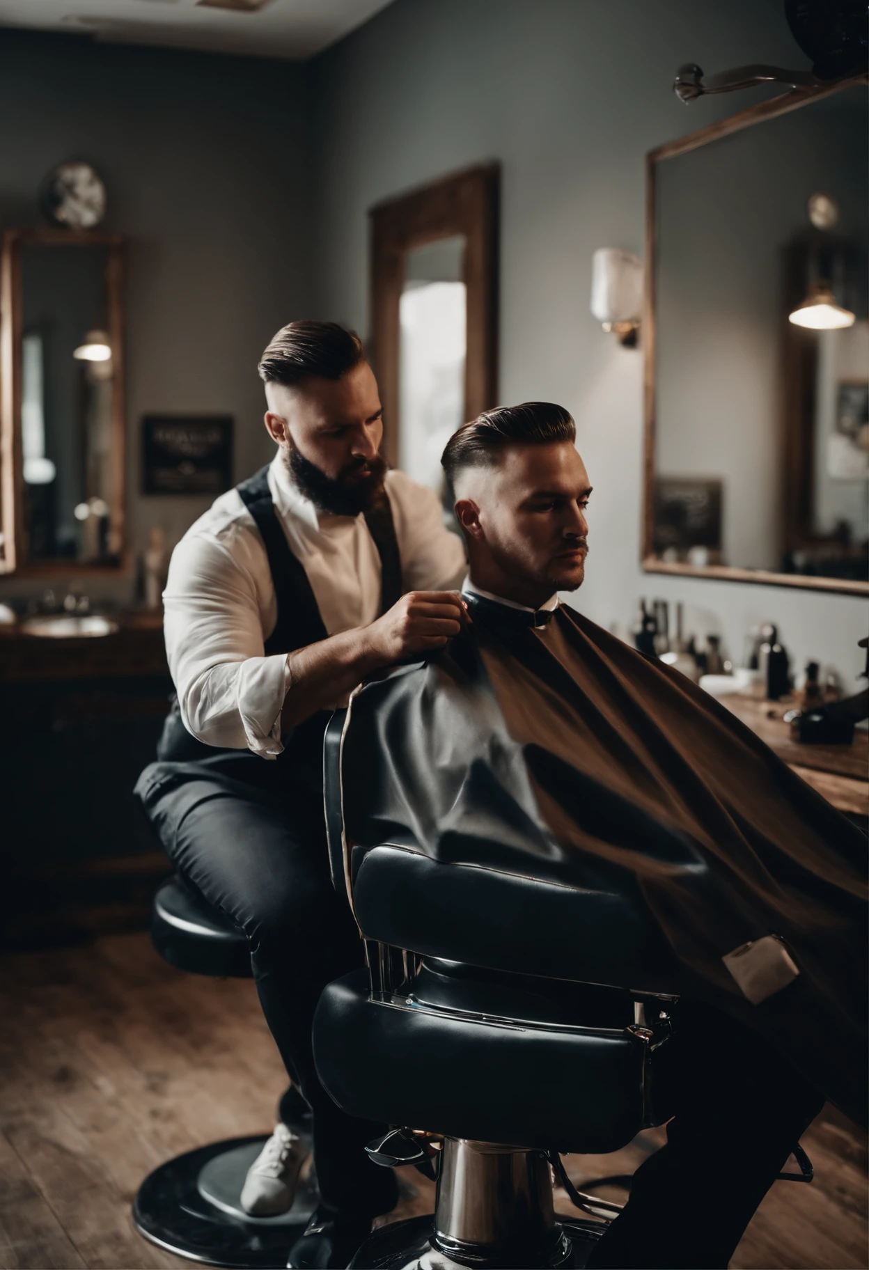 Depict a detailed scene of a talented barber cutting a client's hair in gradient style. Explore the ambiance of the barbershop, the precise movements of the barber and the expression of satisfaction on the client's face while the gradient haircut is being performed.