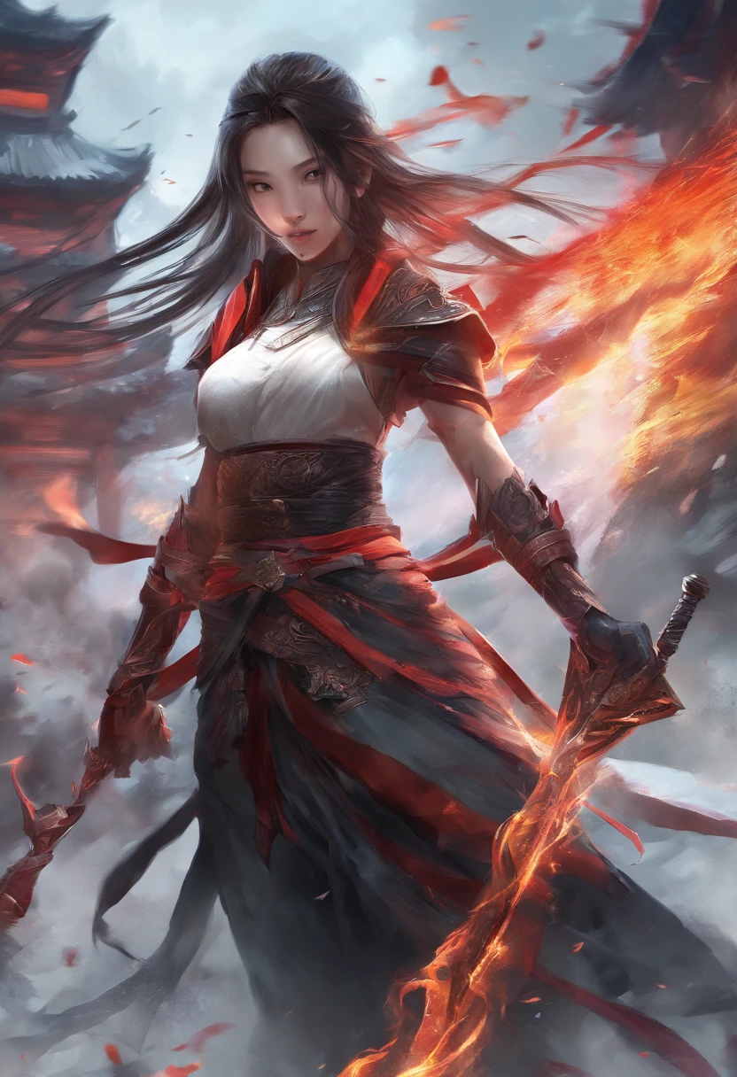 Best quality,masterpiece,ultra high res,(photorealistic:1.4),xiuxian,hyper-realistic fire effect,detailed face,
1girl,long sword,long hair,cleavage,high slit,(fiery aura:1.2),fire magic,beautiful girl,glowing eyes,full body,chinese architecture,heavy snow,combat,battlefield,blood-stained,heavy fighting in background,wuxia,