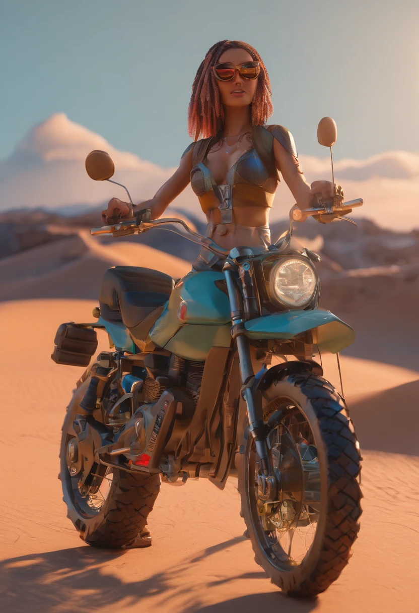 a cute alien girl with brightly colored skin, wearing a swimsuit, looking sweaty and in excellent shape, with big breasts, riding a merchant bicycle outside of Jabba's palace on the desert world of Tattooine, highres, 8k, photorealistic, detailed lighting, vibrant colors, cinematic composition