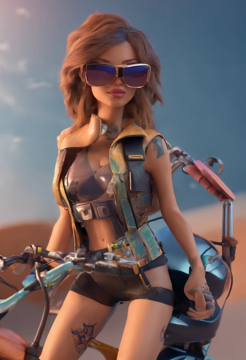 Uma mulher loira,olhos azuis claro, Wearing Retro Cyberpunk Style Glasses,Your clothes are short,Your body is quite defined,Your veins are pulsating,She's riding a futuristic stylish motorbike,The atmosphere is a sunset in the desert,com algumas montanhas ao longe,a mulher carrega uma mochila marrom de couro.