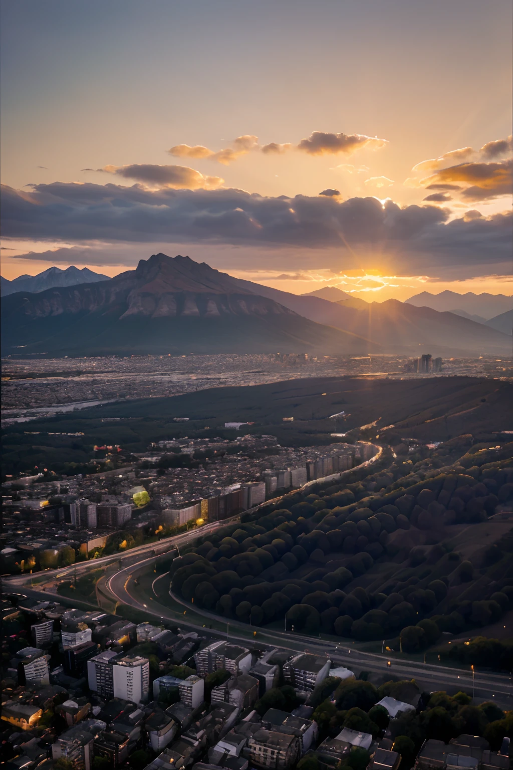 Cityscape, ((mountainscape:1,5)), ((early morning:1,5)), ((Sunrise:1,5))