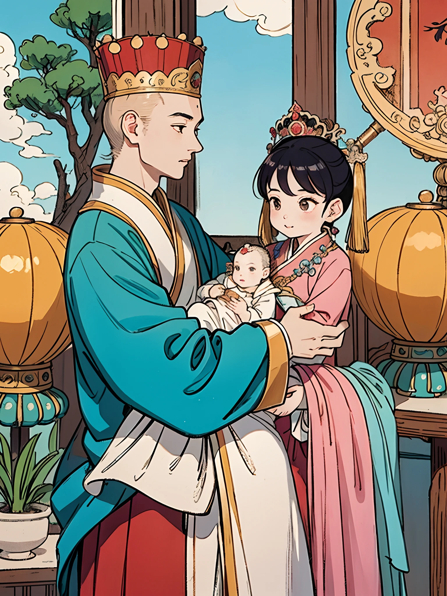 The beautiful 16-year-old Chinese queen holds a (baby prince:1.5) wearing shavings in her arms, Walking, Straight eyes, radiating a brilliant aura, Rosary handle, Crown Team, (Systemic: 2.0), Stand in the cloud, our lady