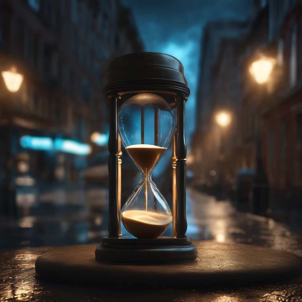 There's an hourglass on a rainy street with a city in the background, time is running out, time does not exist anymore, Realistic. octan render, daily render, preso dentro de uma ampulheta, A passagem do tempo, o tempo se arrastando por muito tempo, photorealistic cinematic render, A passagem do tempo, Caught in the flow of time with blue lighting