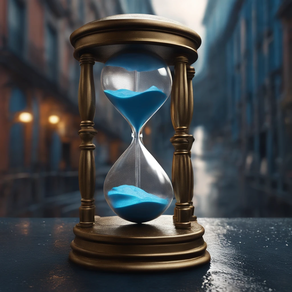 There's an hourglass on a rainy street with a city in the background, time is running out, time does not exist anymore, Realistic. octan render, daily render, preso dentro de uma ampulheta, A passagem do tempo, o tempo se arrastando por muito tempo, photorealistic cinematic render, A passagem do tempo, Caught in the flow of time with blue lighting