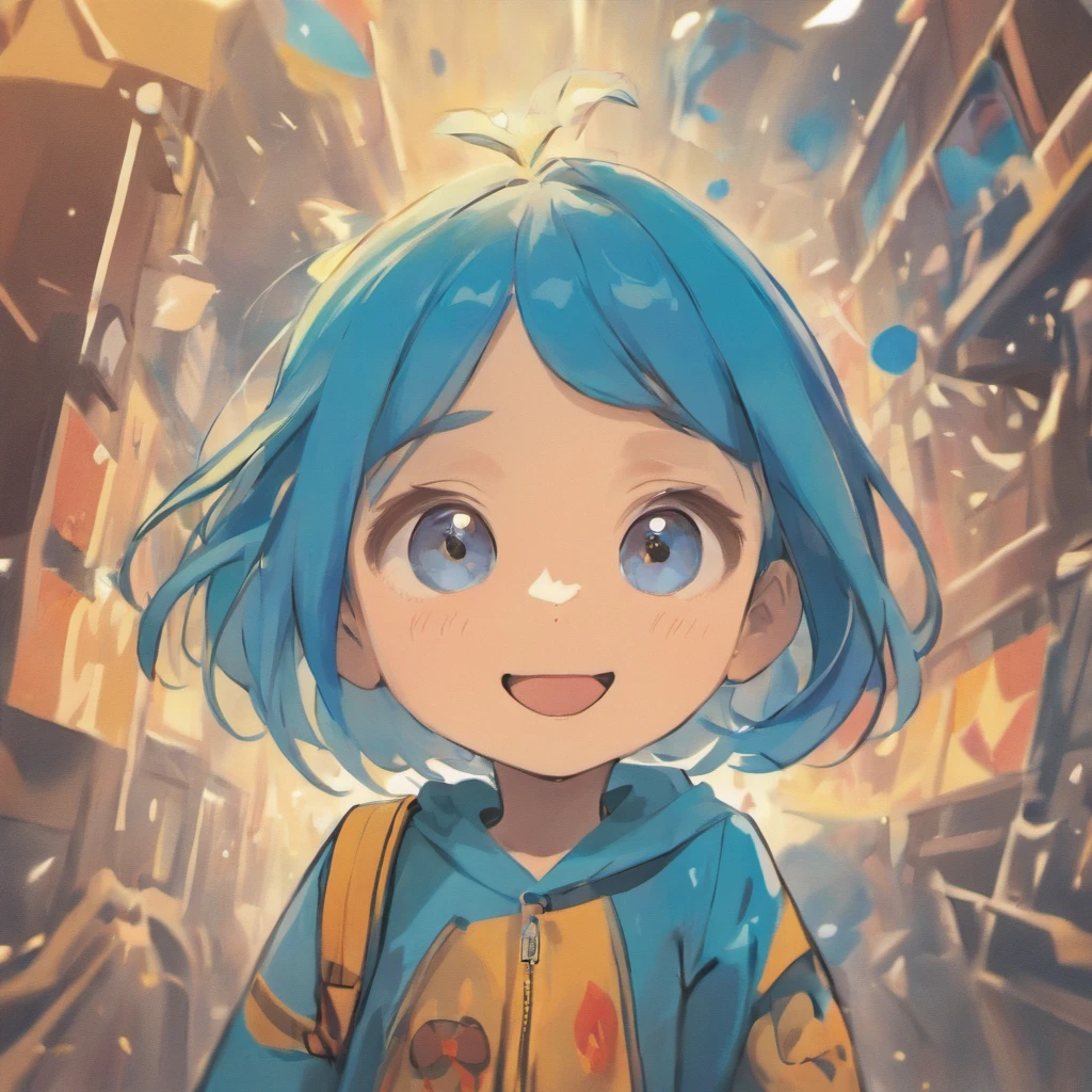 6 year old girl in the foreground.  Blue eyes.  Closed mouth.  Smile.  ::style cartoon, (((Front view))), Estilo Disney Pixar, Filme 3D, altamente detalhado, vivid colors (((corpo inteiro))) ::n_style realista, anime