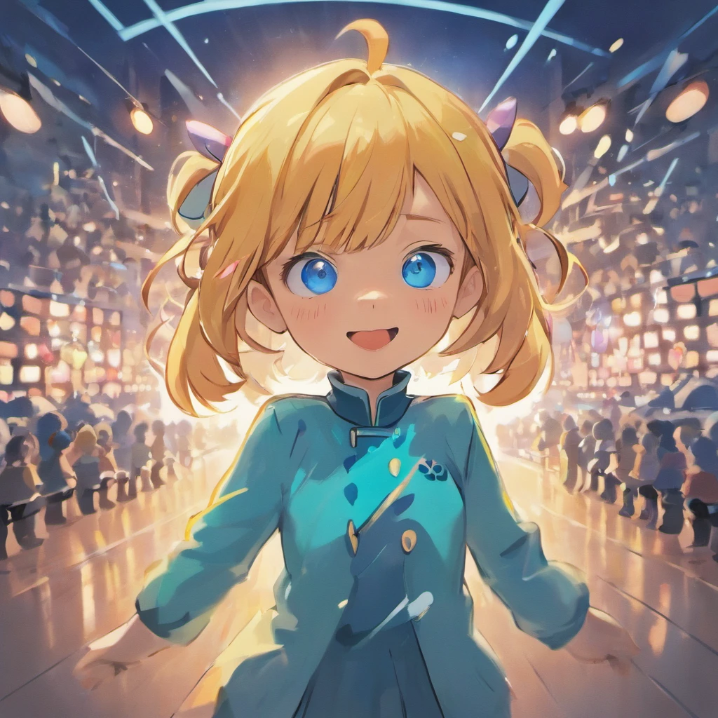 6 year old girl in the foreground. Blue eyes. Closed mouth. Smile. ::style cartoon, (((Front view))), Estilo Disney Pixar, Filme 3D, altamente detalhado, vivid colors (((corpo inteiro))) ::n_style realista, anime