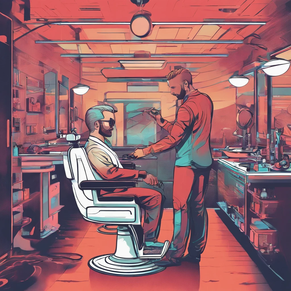 "Depict a detailed scene of a talented barber cutting a client's hair in gradient style. Explore the ambiance of the barbershop, the precise movements of the barber and the expression of satisfaction on the client's face while the gradient haircut is being performed."