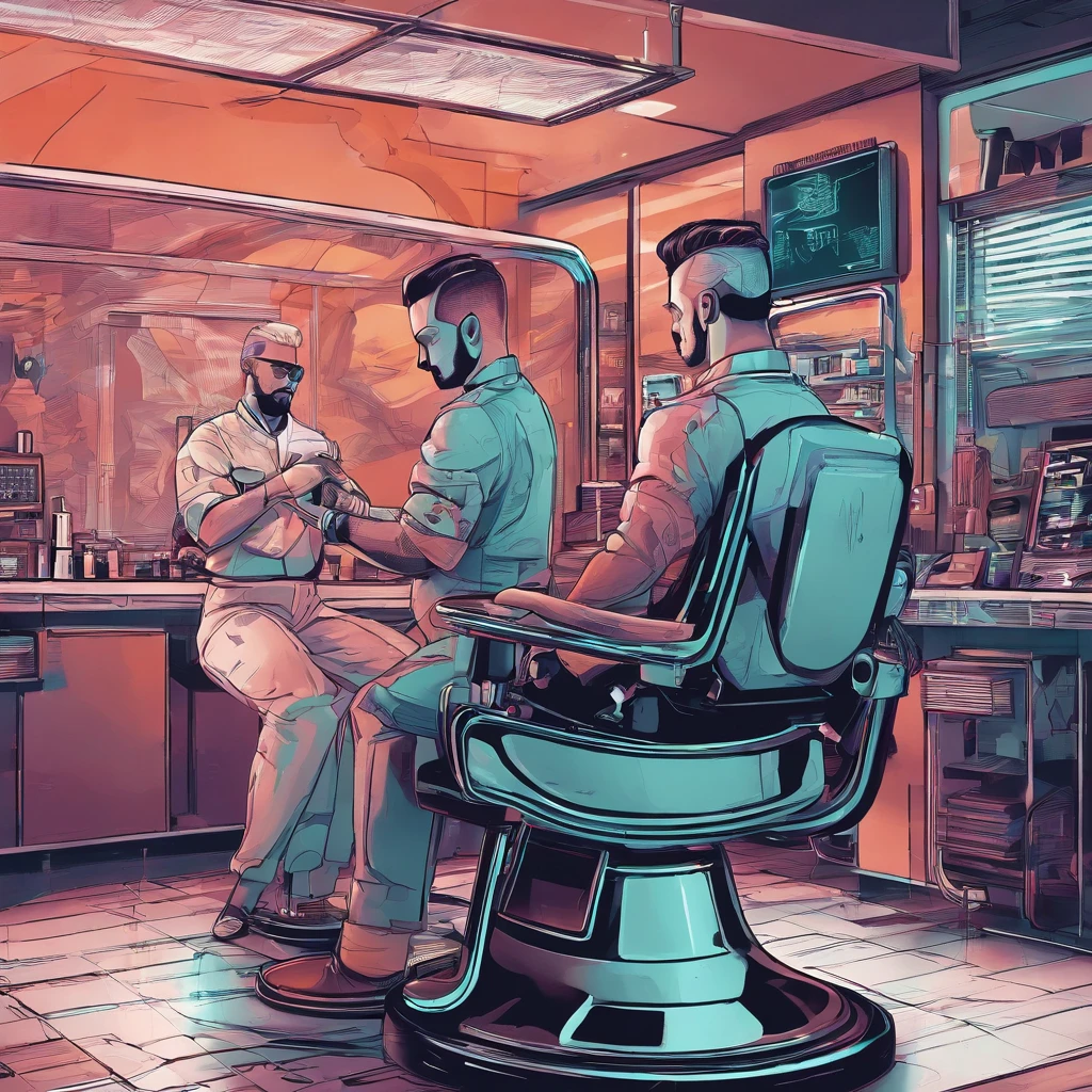 "Depict a detailed scene of a talented barber cutting a client's hair in gradient style. Explore the ambiance of the barbershop, the precise movements of the barber and the expression of satisfaction on the client's face while the gradient haircut is being performed."