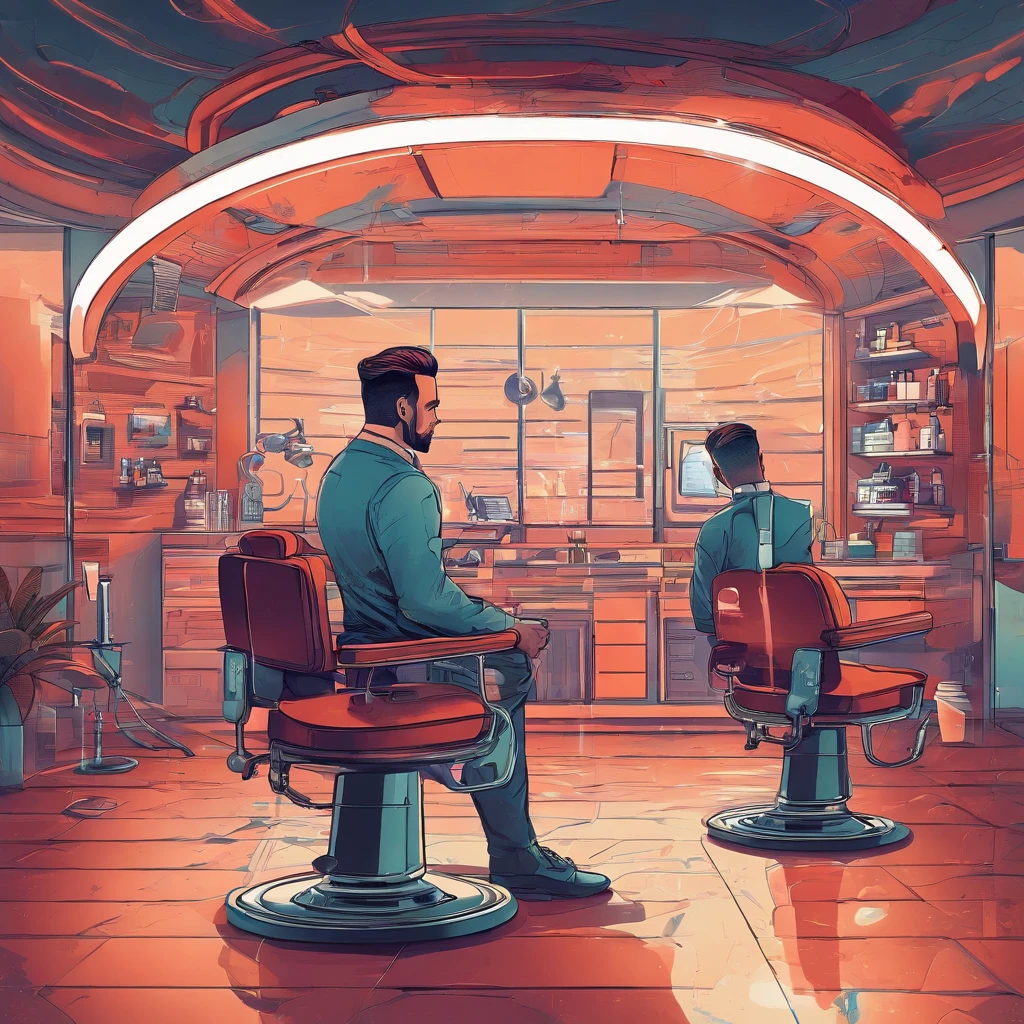"Depict a detailed scene of a talented barber cutting a client's hair in gradient style. Explore the ambiance of the barbershop, the precise movements of the barber and the expression of satisfaction on the client's face while the gradient haircut is being performed."