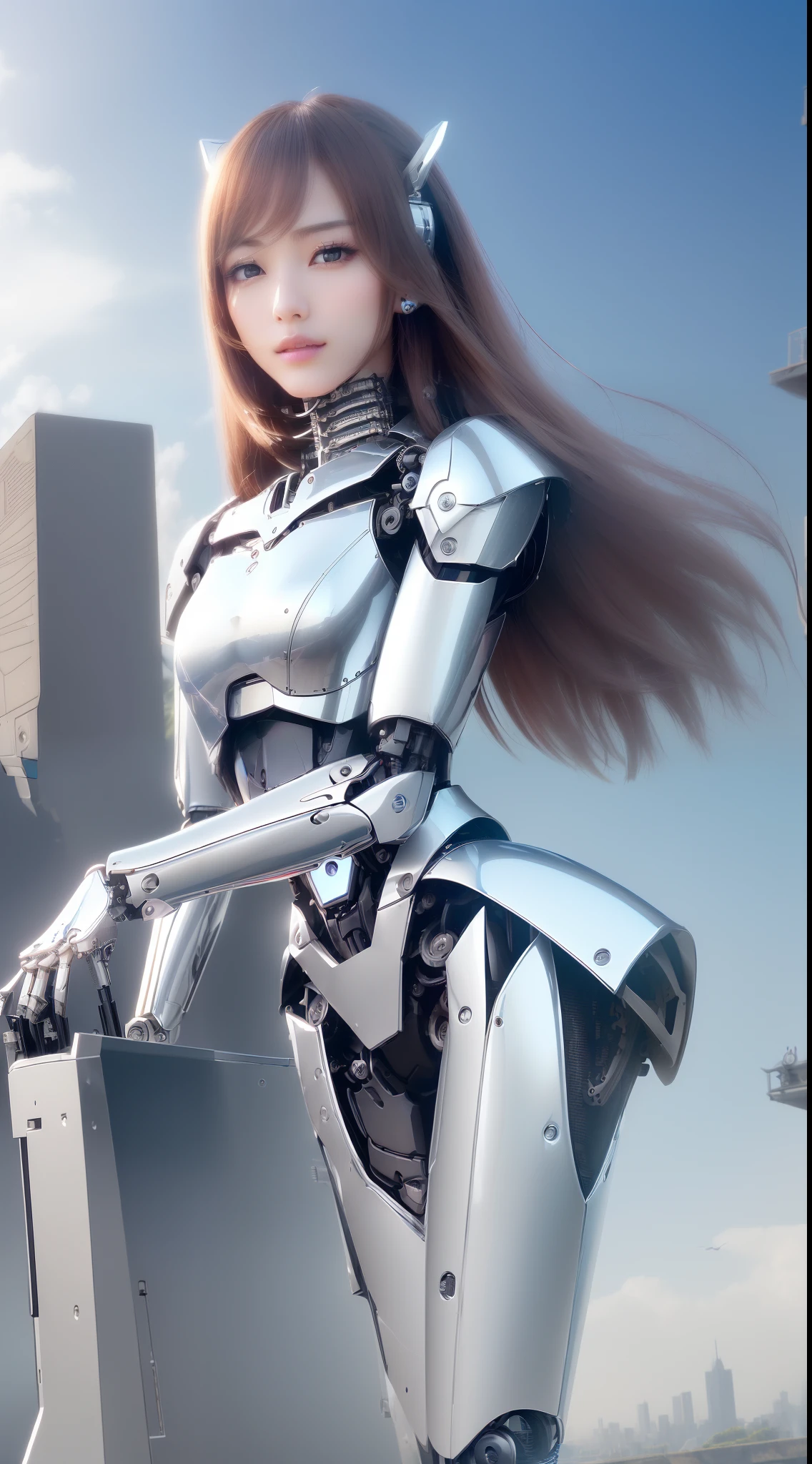 ((masutepiece)), ((top-quality), high quarity、ultra-definition, (Realistic), ((well proportioned face))、fulcolor 、(scientific fiction)、(独奏)、Beautiful robot woman、Waiting robot、(Perfect robot joint)、((Perfect computer parts))、(Electronic substrate)、(machine components)、White porcelain mechanical armor、(Oval curvaceous face)、(almond shape eyes)、thin mouth、deadpan、((Perfect mechanical two-handed))、(Outside the city)、Perfect robot legs
