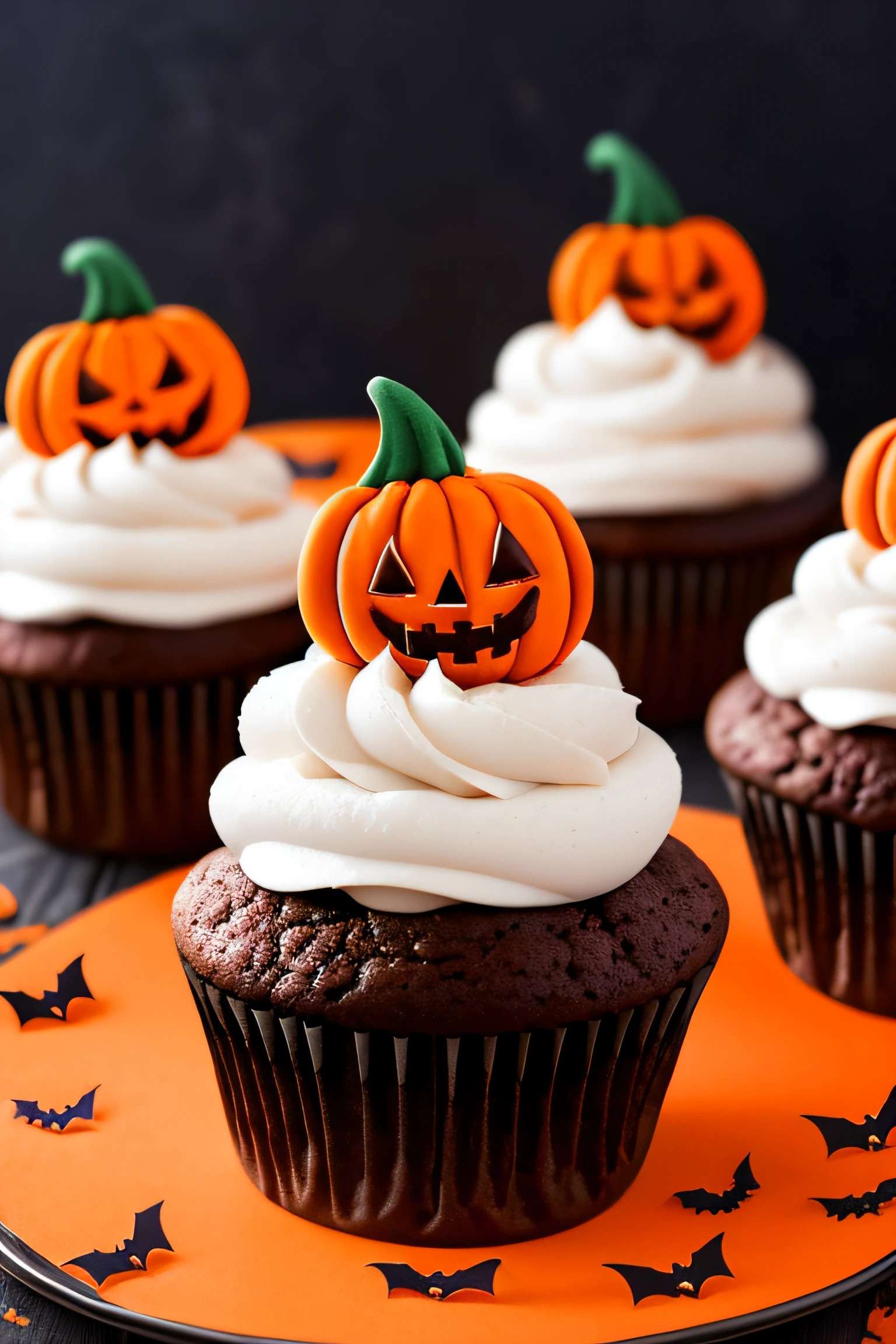Create an image with three Halloween-themed cupcakes decorated with colorful frosting and spooky decorations, Like sugar eyes and bats. Em cada cupcake, Put an empty space in the middle to write a text.