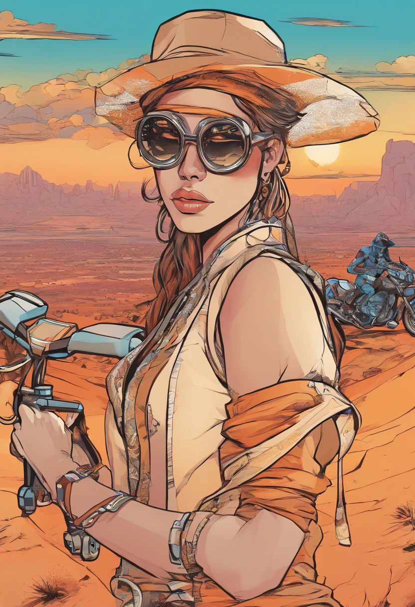 Uma mulher loira,olhos azuis claro, Wearing Retro Cyberpunk Style Glasses,Your clothes are short,Your body is quite defined,Your veins are throbbing,She's riding a futuristic and stylish bike,The atmosphere is a sunset in the desert,com algumas montanhas ao longe,a mulher carrega uma mochila marrom de couro.