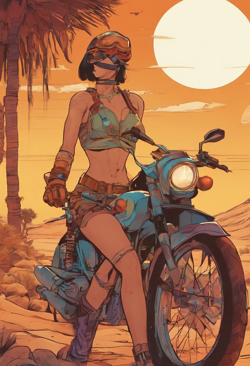 Uma mulher loira,olhos azuis claro, Wearing Retro Cyberpunk Style Glasses,Your clothes are short,Your body is quite defined,Your veins are throbbing,She's riding a futuristic and stylish bike,The atmosphere is a sunset in the desert,com algumas montanhas ao longe,a mulher carrega uma mochila marrom de couro.