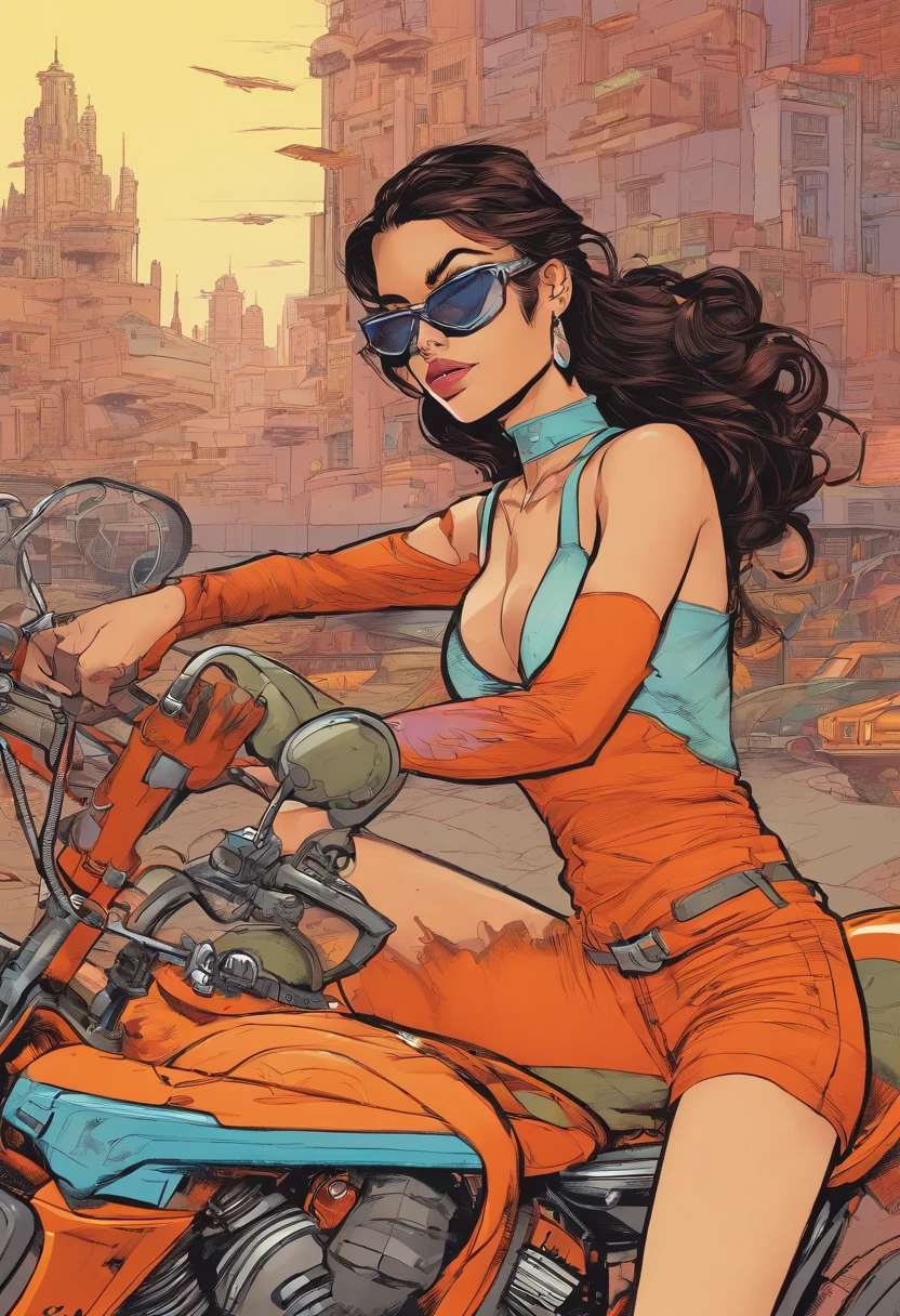 Uma mulher loira,olhos azuis claro, Wearing Retro Cyberpunk Style Glasses,Your clothes are short,Your body is quite defined,Your veins are throbbing,She's riding a futuristic and stylish bike,The atmosphere is a sunset in the desert,com algumas montanhas ao longe,a mulher carrega uma mochila marrom de couro.