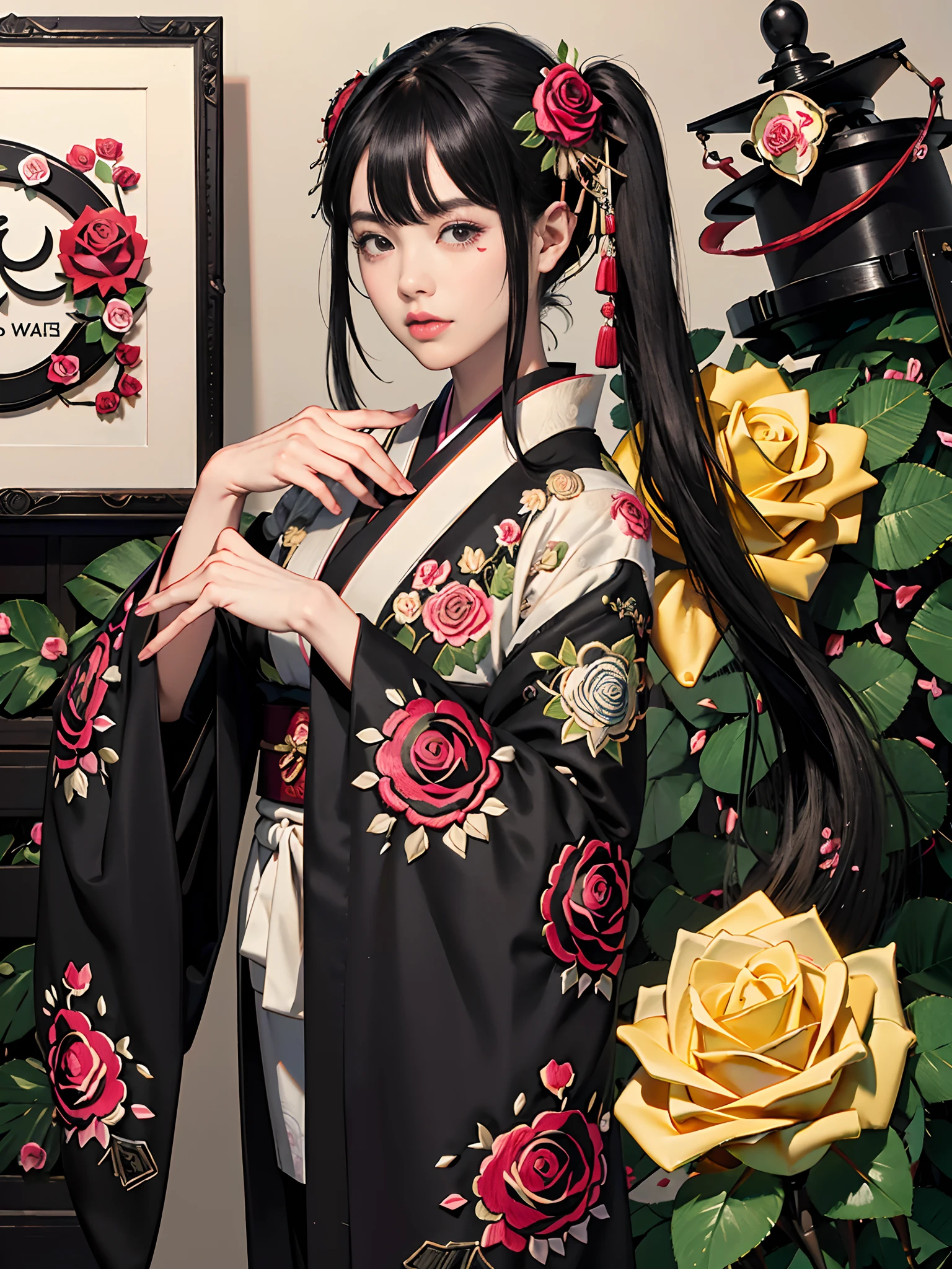 rokoko:1.5,Background of details(Japanese garden(Rose:1.5)),BREAK ,elaborate costume(Luxury kimono(colorful japanese clothes(detailed embroidery(Black rose embroidery:1.2)))),BREAK,1 Beautiful and classy adult woman(Japanese actressl:1.2)(glossy dark hair(poneyTail:1.2))(Arms outstretched),BREAK,Wallpapers 16K,Blur the background,(masutepiece:1.5), (Best Quality:1.5),(Portrait photos:1.5),(full body Esbian:1.5)