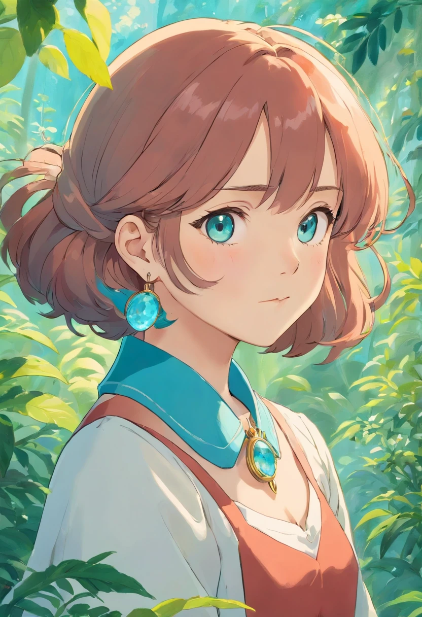 a girl wearing an anime collar, a long necklace, and earrings, in the style of tranquil gardenscapes, colorful animation stills, Masami teraoka, aquamarine, Paul Gauguin, Embry style, honest portrayal