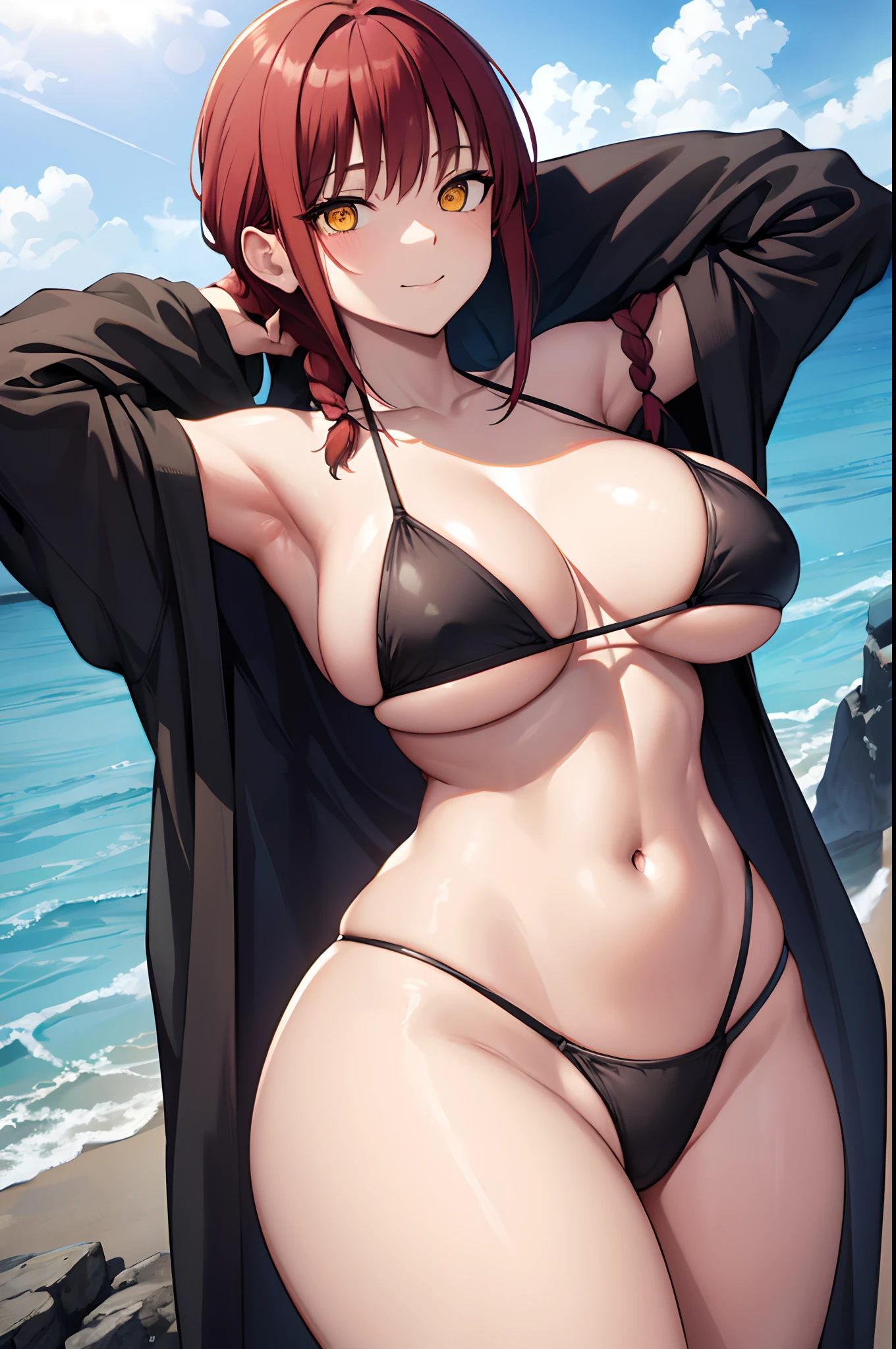 makima, long hair, smile, bangs, huge hanging breasts, extremly wide hips, (yellow eyes:1.2), braid, red hair, braided ponytail, ringed eyes, 
BREAK (black bikini:1.2), huge breasts, Naked, Exposed skin, Wet skin, (arms behind head, armpits),
BREAK (sea:1.2), beach, (solar:1.2), morning,
BREAK looking at viewer, 
BREAK (masterpiece:1.2), best quality, high resolution, unity 8k wallpaper, (illustration:0.8), (beautiful detailed eyes:1.6), extremely detailed face, perfect lighting, extremely detailed CG, (perfect hands, perfect anatomy)