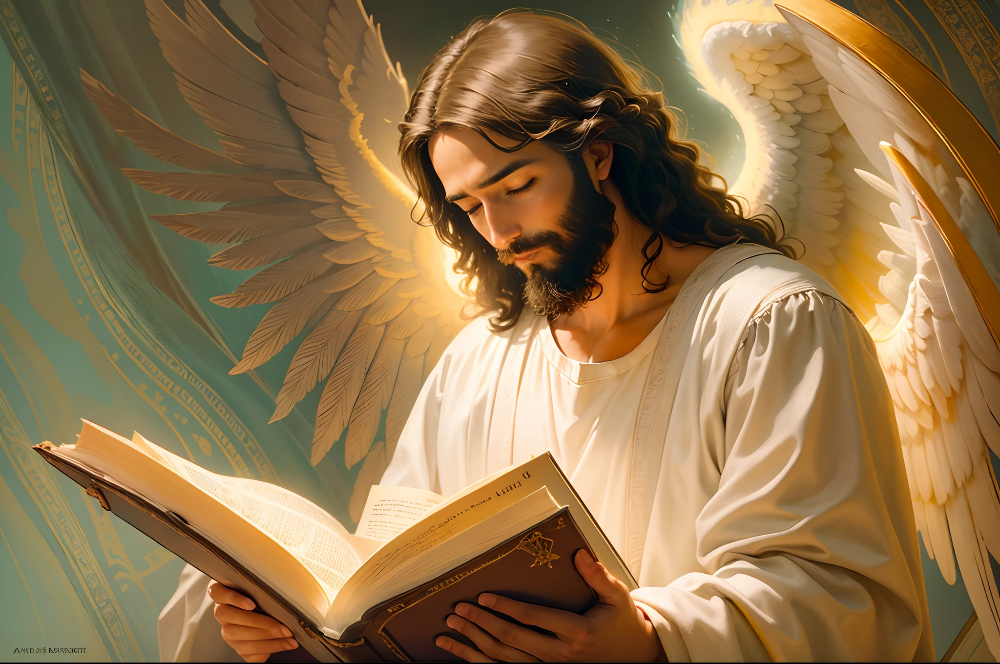 jesus reading the bible with wings, biblical accurate angel, biblically acurate angel, old testament angel, jesus christ, biblically accurate angel, biblically accurate angels, young almighty god, full of paintings of angels, angelic, bible illustration, angel spirit guide, the lord and savior, angelical, jesus, glowing angelic being, angelic features, religious painting, religious imagery